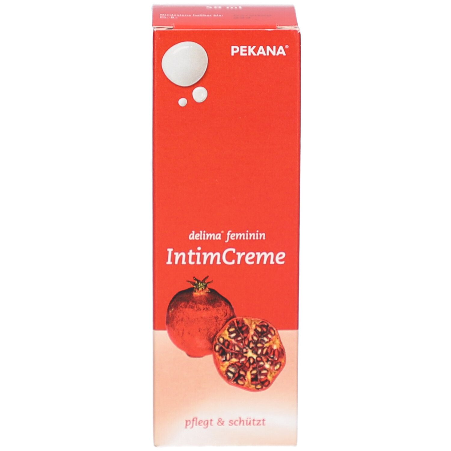 Rote Schachtel mit weißem Bereich. Aufschrift: delima feminin IntimCreme. Granatapfel-Abbildung. PEKANA-Logo.