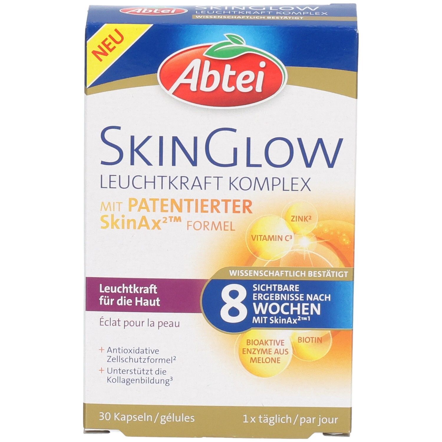 Abtei SkinGlow Komplex Kapseln Packung mit 30 Stück. Vorderseite mit Produktnamen und Hinweisen zu Inhaltsstoffen.
