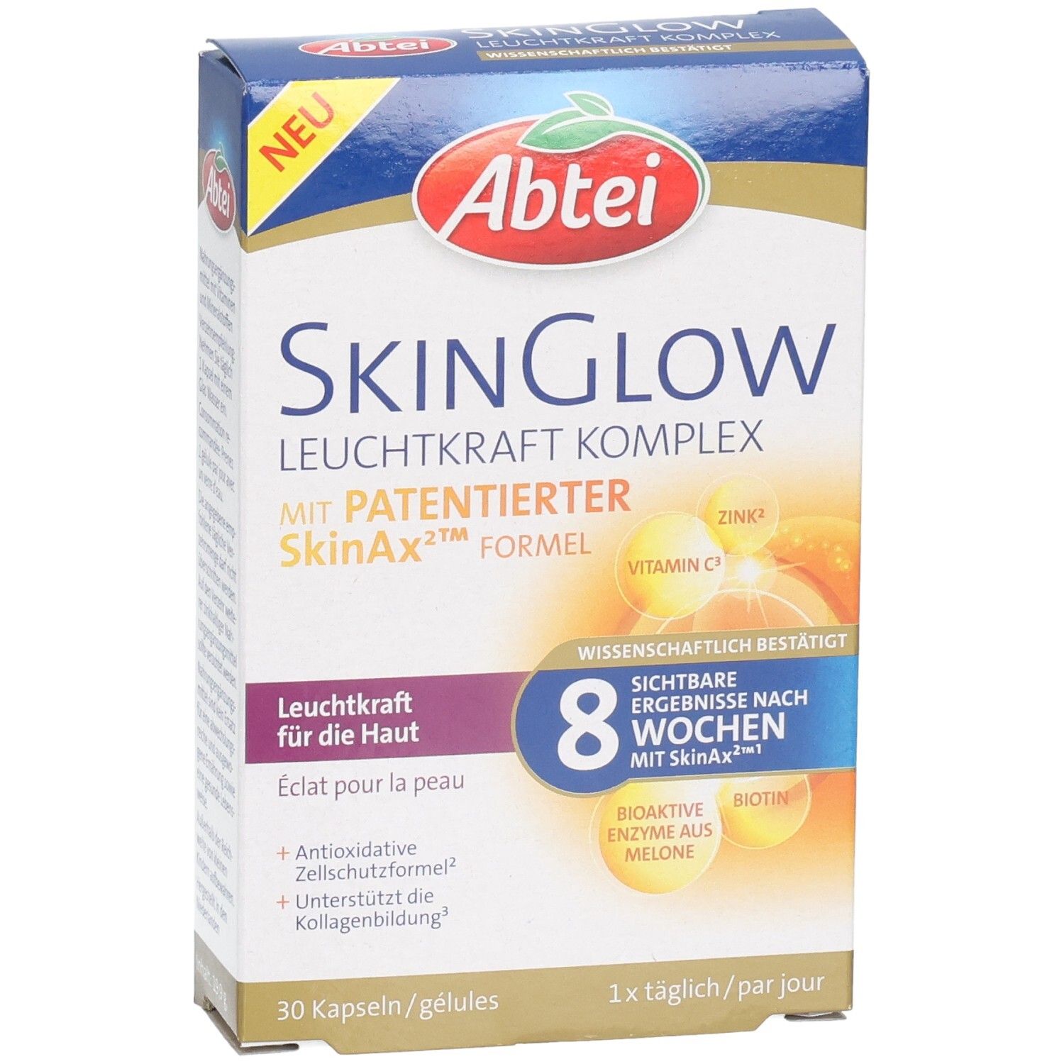Abtei SkinGlow Komplex Kapseln Packung mit 30 Stück. Vorderseite mit Produktnamen und Hinweisen zu Inhaltsstoffen.