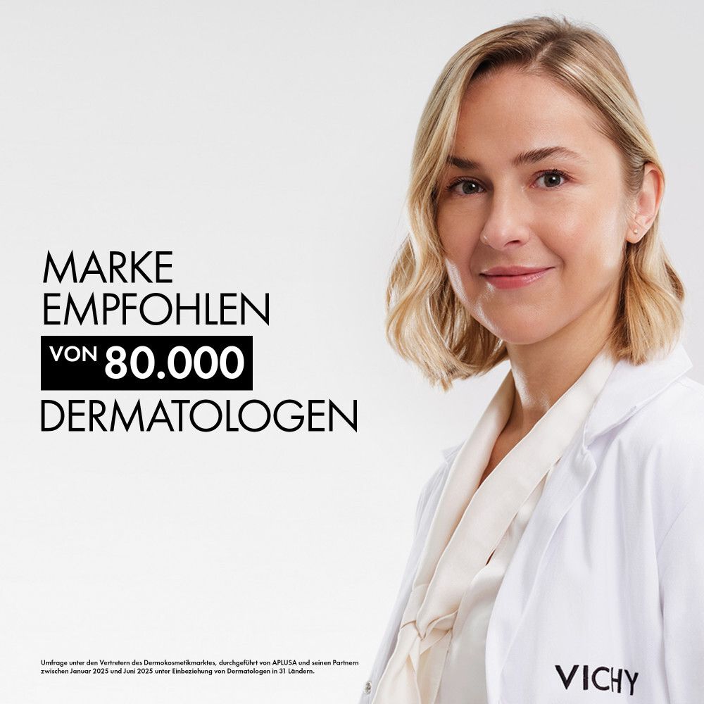 Frau im weißen Kittel. Text: Marke empfohlen von 80.000 Dermatologen. Vichy.