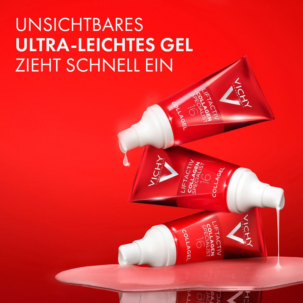 Drei Tuben mit Produkt. Text: Unsichtbares ultra-leichtes Gel zieht schnell ein. Vichy Liftactiv Collagen Specialist 16.