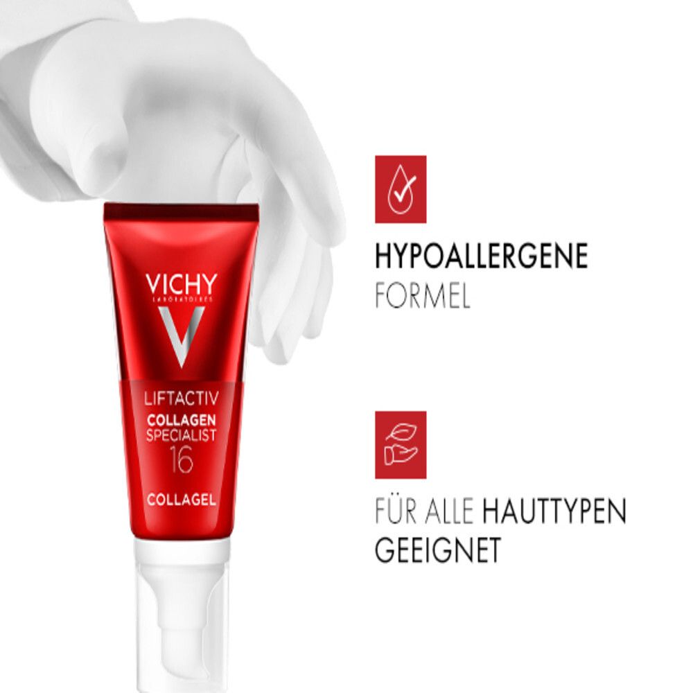 Hand hält Tube. Text: Hypoallergene Formel. Für alle Hauttypen geeignet. Vichy Liftactiv Collagen Specialist 16.