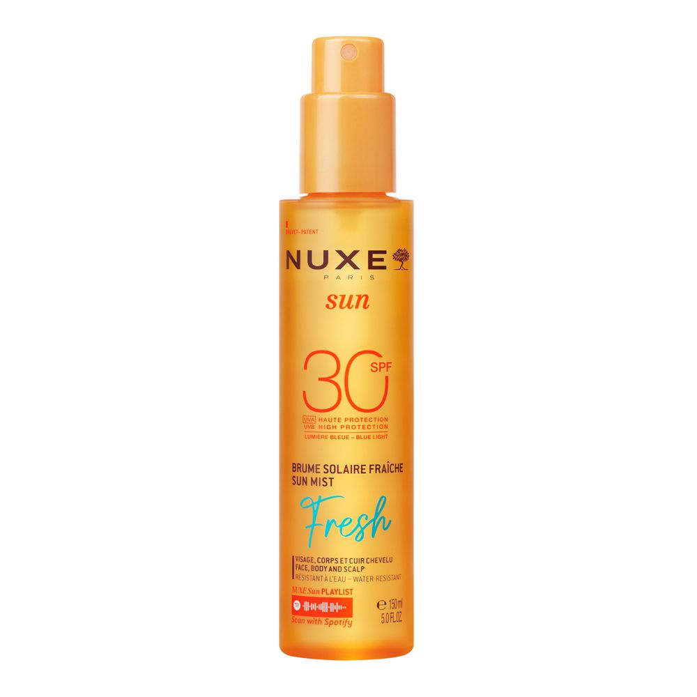 Sonnennebel-Spray mit SPF 30. Gelbe Flasche mit Sprühkopf. Text: NUXE Sun, SPF 30, Fresh. Für Gesicht, Körper und Kopfhaut.
