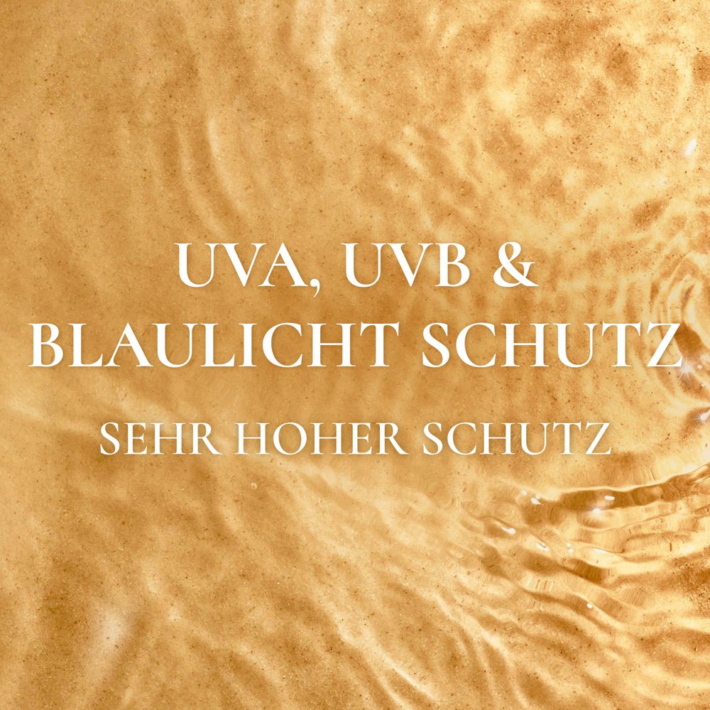 Wasser mit Text: UVA, UVB & BLAULICHT SCHUTZ. SEHR HOHER SCHUTZ.