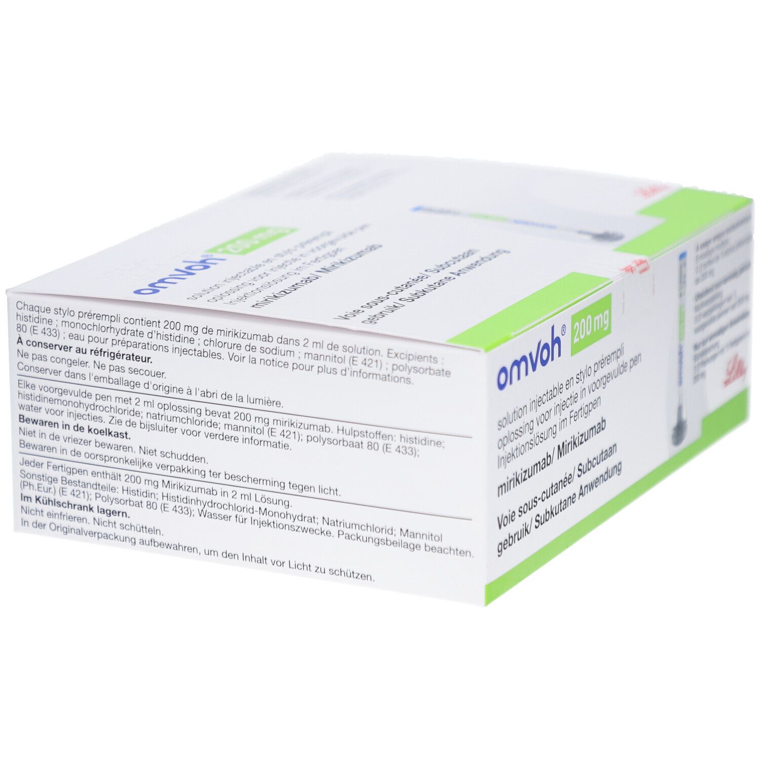 Kartonverpackung von OMVOH 200 mg. Text in Deutsch, Französisch, Niederländisch. Enthält Informationen zur Zusammensetzung und Lagerung.