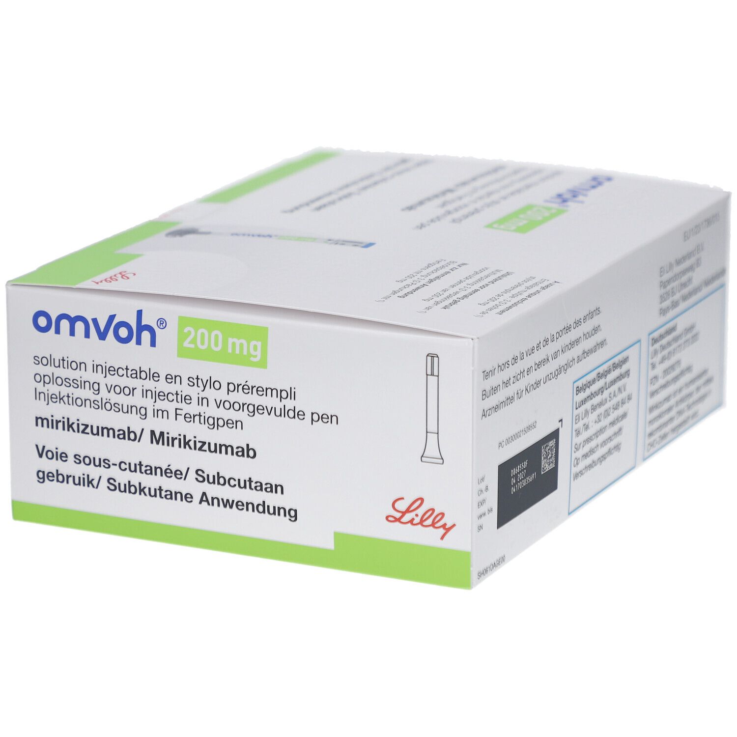 OMVOH 200 mg Verpackung. Aufschrift: Injektionslösung im Fertigpen. Enthält Informationen zur Anwendung.