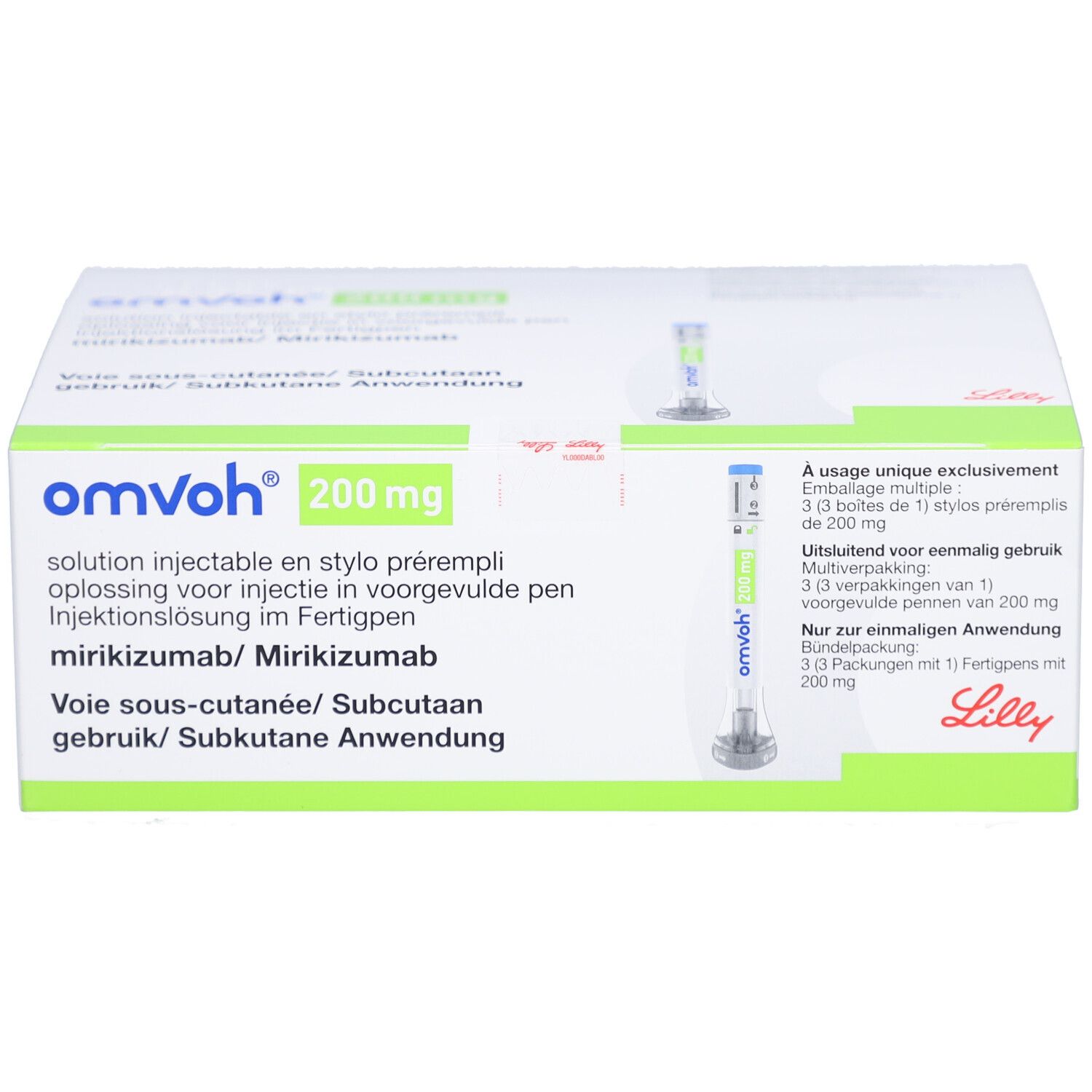 OMVOH 200 mg Verpackung mit drei Fertigpens. Aufschrift: Injektionslösung im Fertigpen. Lilly Logo.