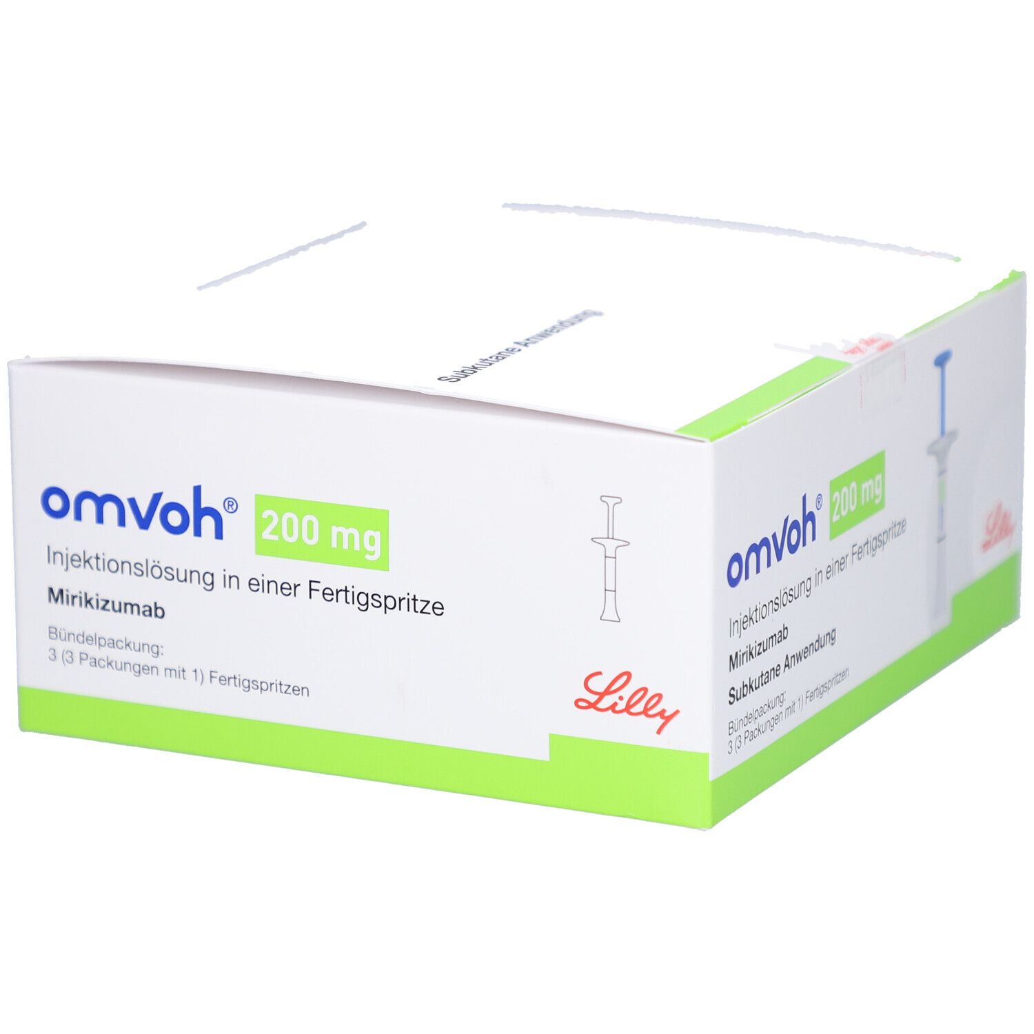 Weiße Verpackung mit grünem Akzent. Aufschrift: omvoh 200 mg Injektionslösung in Fertigspritze. Lilly-Logo. 3 Fertigspritzen.
