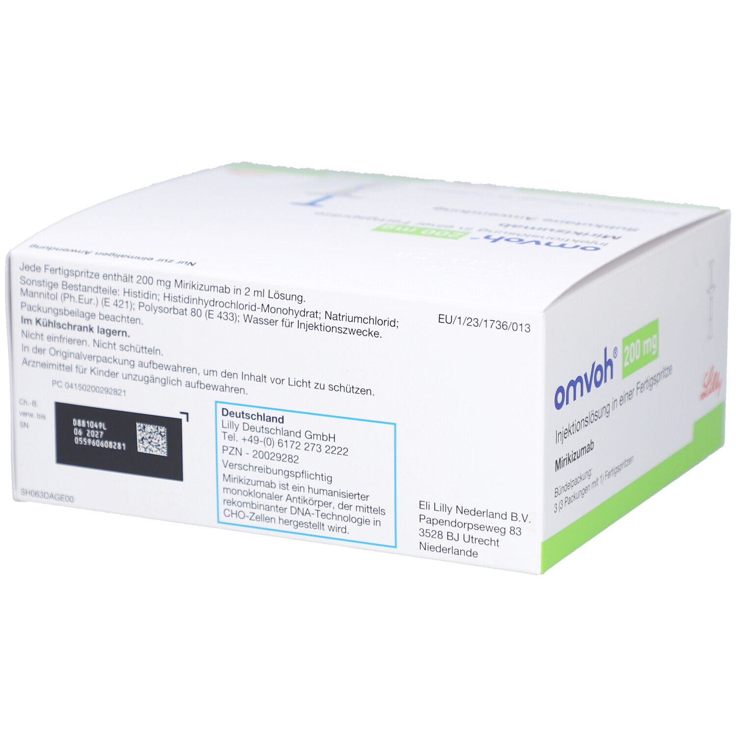 Rückseite der weißen Verpackung. Textinformationen, darunter Herstellerangaben und Chargennummer. EU-Kennzeichnung.