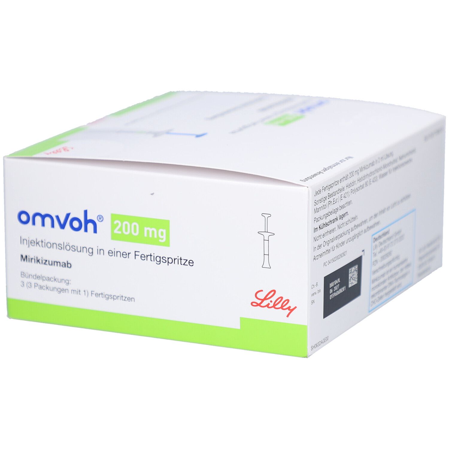 Weiße Verpackung mit grünem Akzent. Aufschrift: omvoh 200 mg Injektionslösung in Fertigspritze. Lilly-Logo. 3 Fertigspritzen.