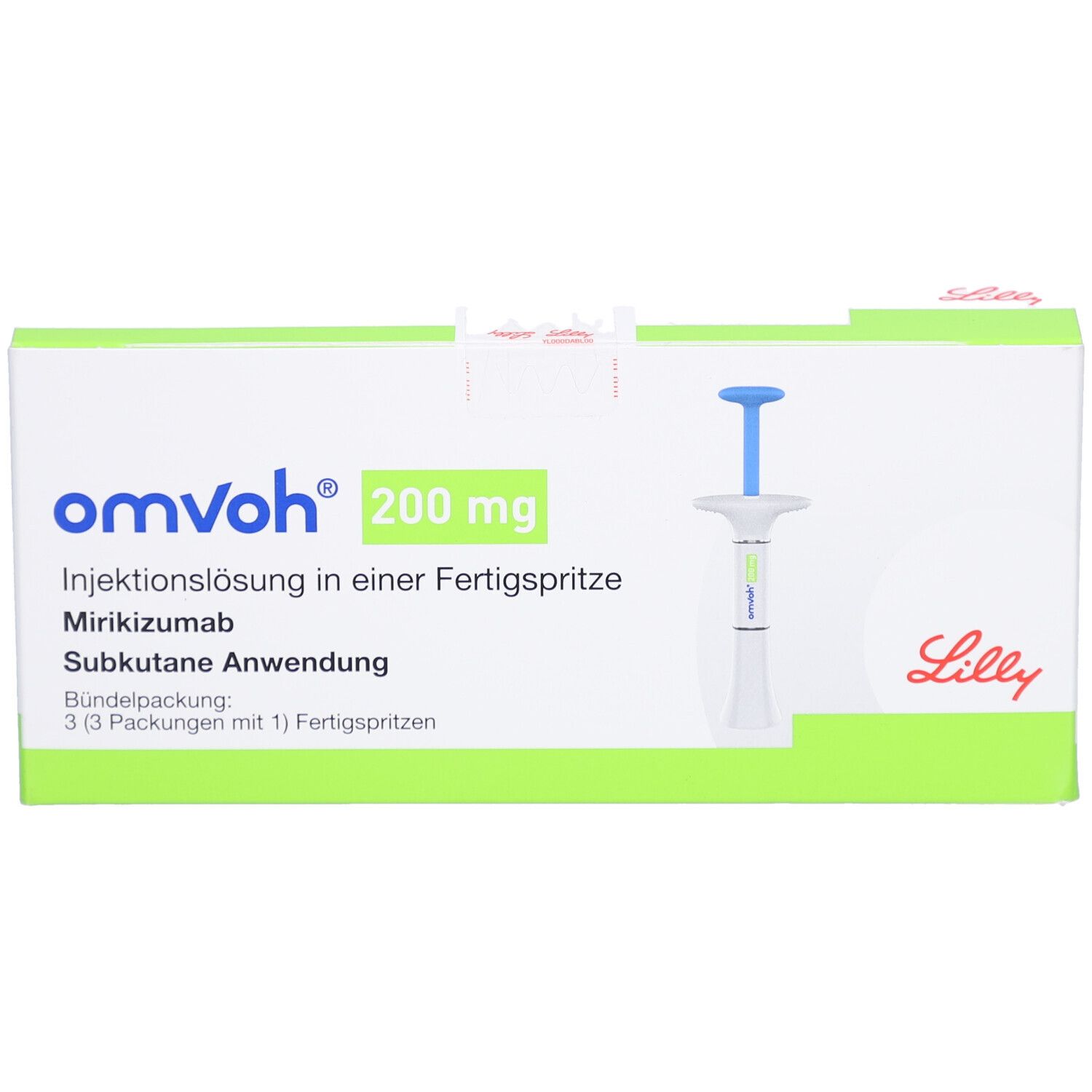 Weiße Verpackung mit grünem Akzent. Aufschrift: omvoh 200 mg Injektionslösung in Fertigspritze. Lilly-Logo. 3 Fertigspritzen.