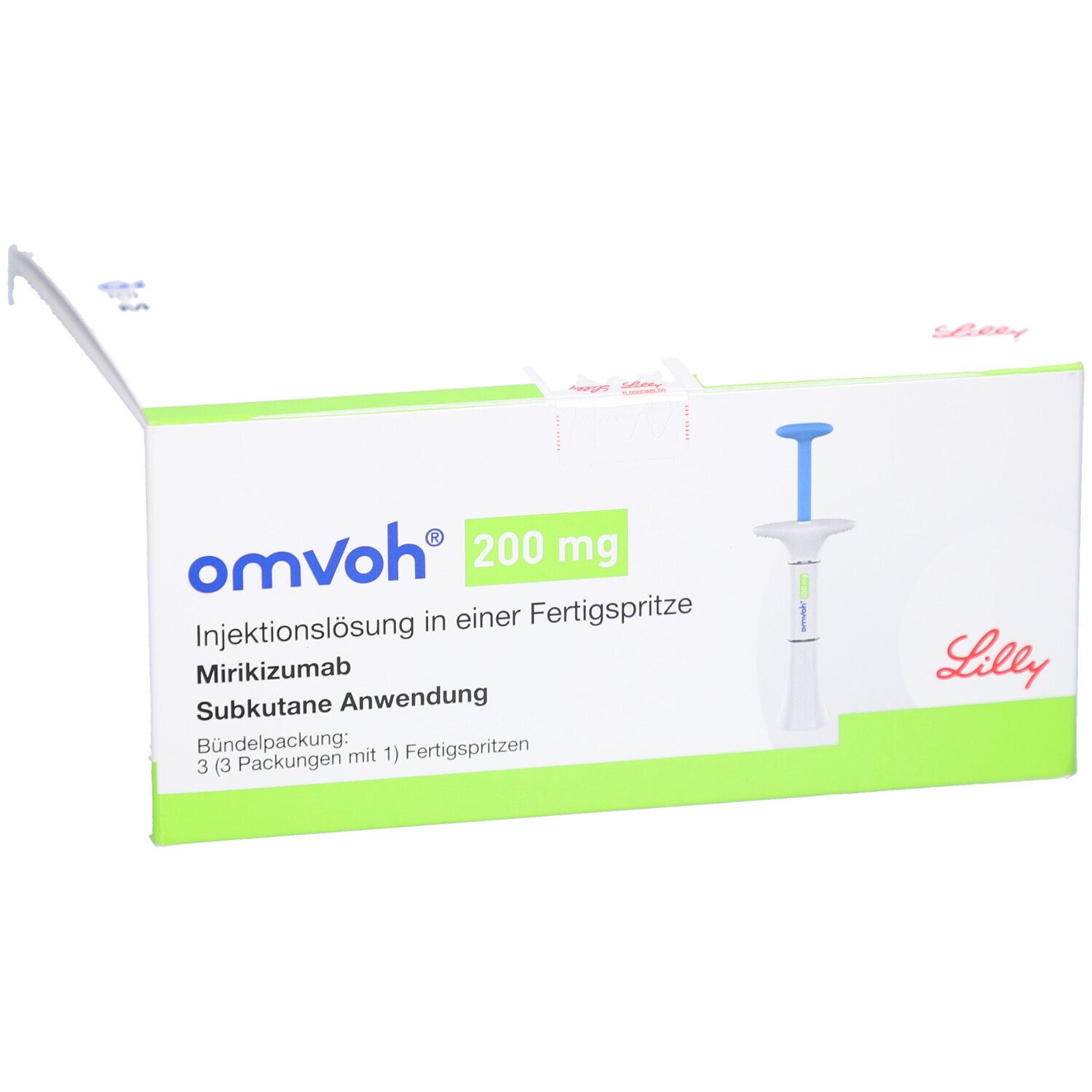 Weiße Verpackung mit grünem Akzent. Aufschrift: omvoh 200 mg Injektionslösung in Fertigspritze. Lilly-Logo. 3 Fertigspritzen.
