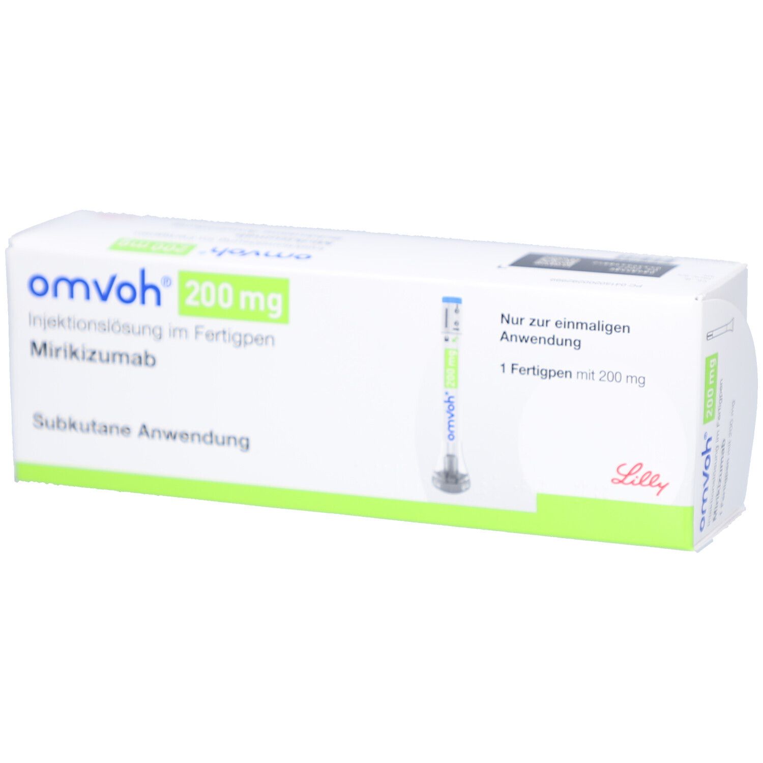 Schachtel mit OMVOH 200 mg Injektionslösung im Fertigpen. Enthält einen Fertigpen. Aufschrift: Subkutane Anwendung.