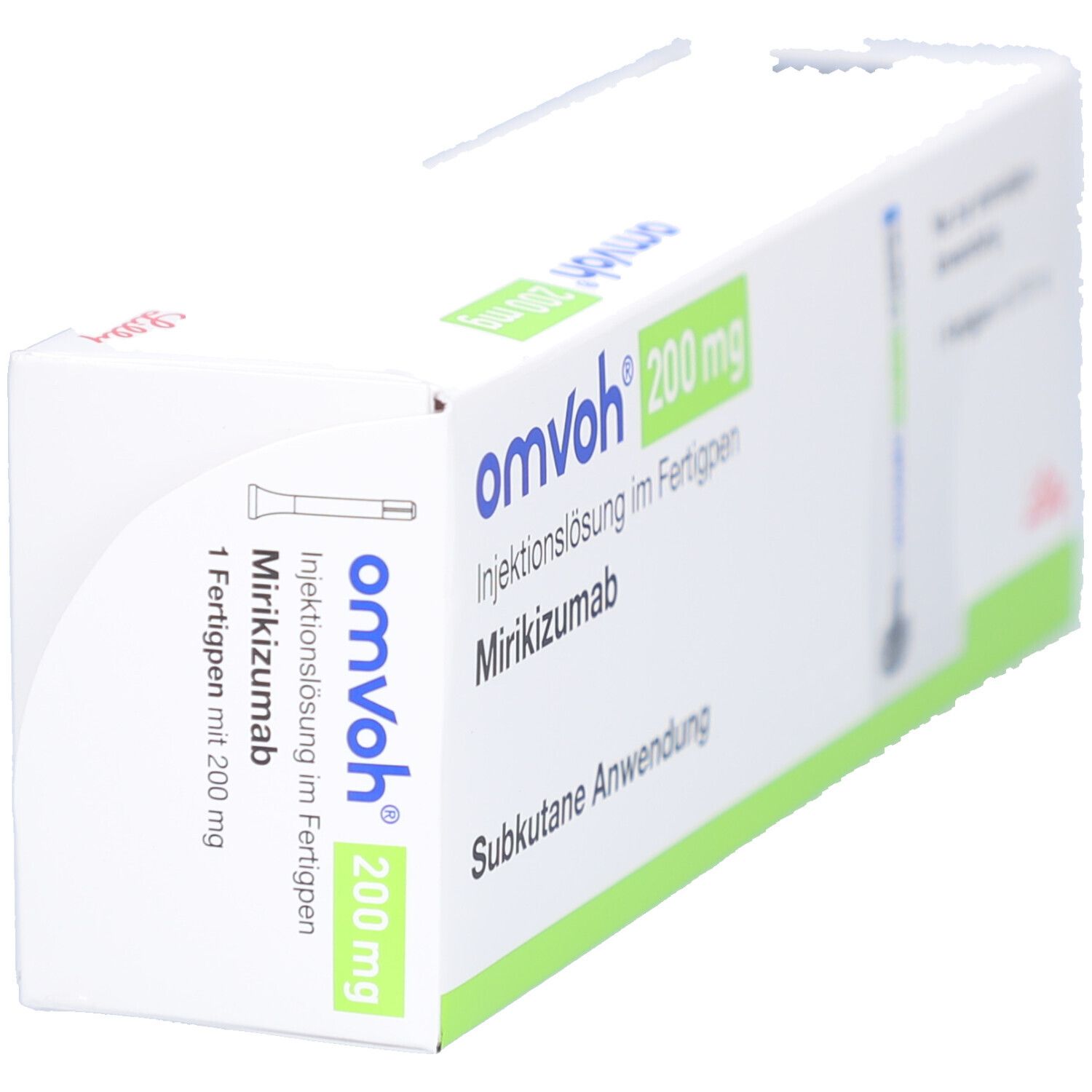 Schachtel mit OMVOH 200 mg Injektionslösung im Fertigpen. Aufschrift: Subkutane Anwendung. Enthält einen Fertigpen.
