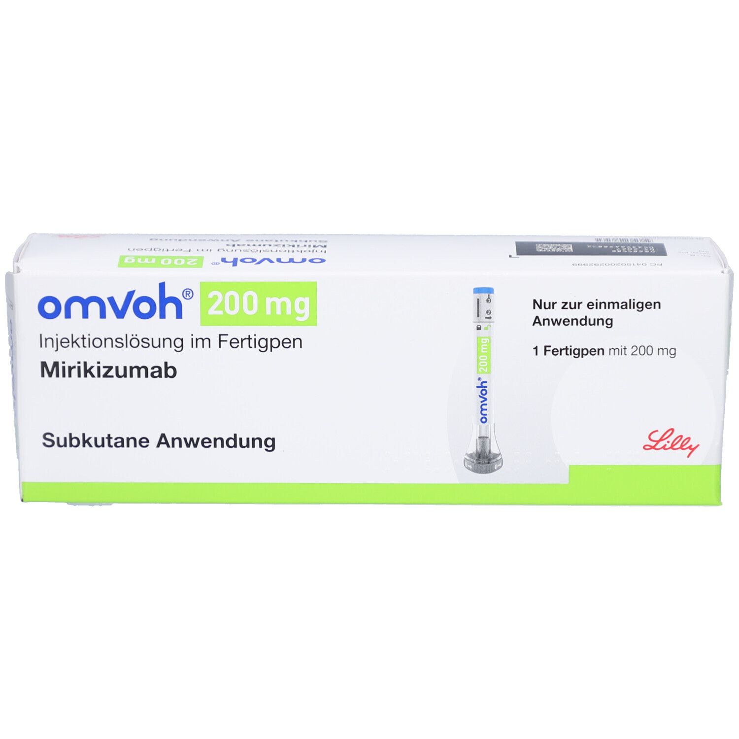OMVOH 200 mg Injektionslösung im Fertigpen. Weiße Schachtel mit Produktnamen, Dosierung und Fertigpen-Abbildung.