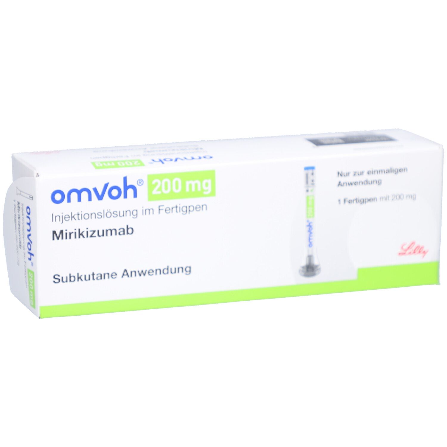 OMVOH 200 mg Injektionslösung im Fertigpen. Weiße Schachtel mit Produktnamen, Dosierung und Fertigpen-Abbildung.