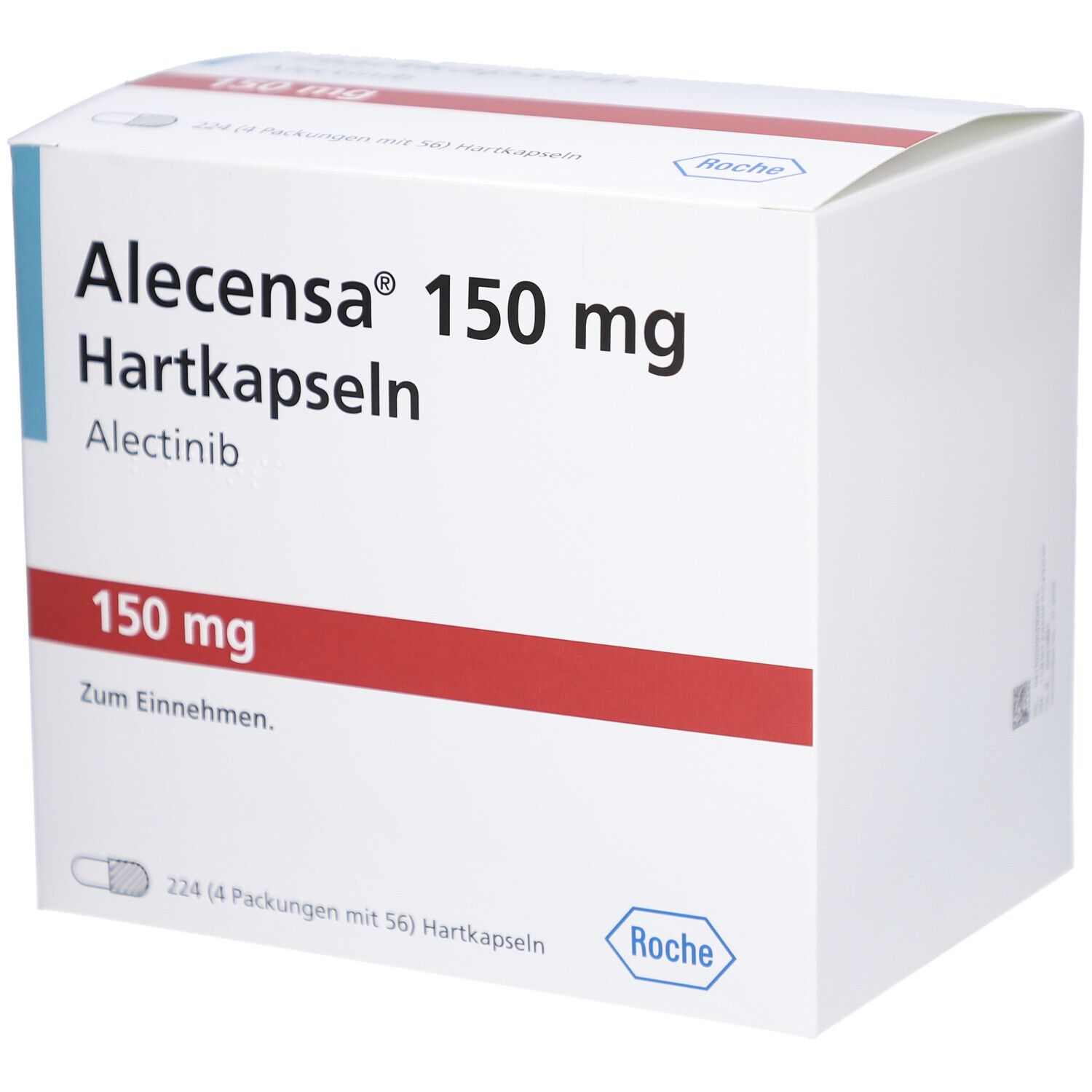 Weiße Faltschachtel mit rotem Streifen. Aufschrift: Alecensca 150 mg Hartkapseln, Alectinib. Unten: 150 mg, Zum Einnehmen. Roche-Logo.