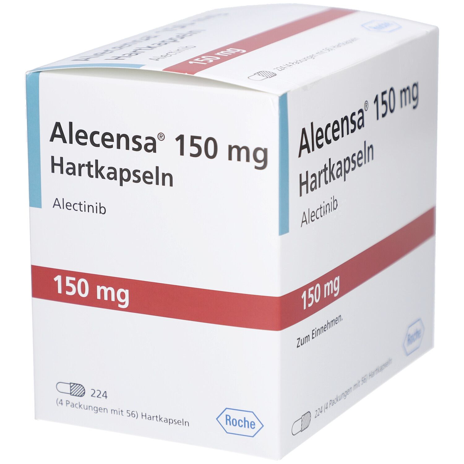 Weiße Faltschachtel mit rotem Streifen. Aufschrift: Alecensca 150 mg Hartkapseln, Alectinib. Unten: 150 mg, Zum Einnehmen. Roche-Logo.
