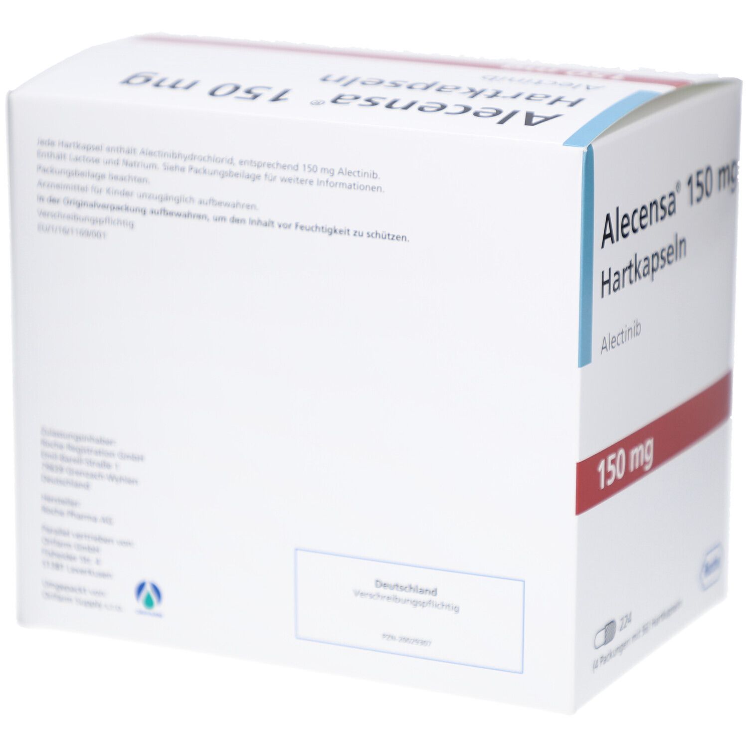 Weiße Faltschachtel mit rotem Streifen. Aufschrift: Alecensca 150 mg Hartkapseln, Alectinib. Rückseite mit Text und Logo.