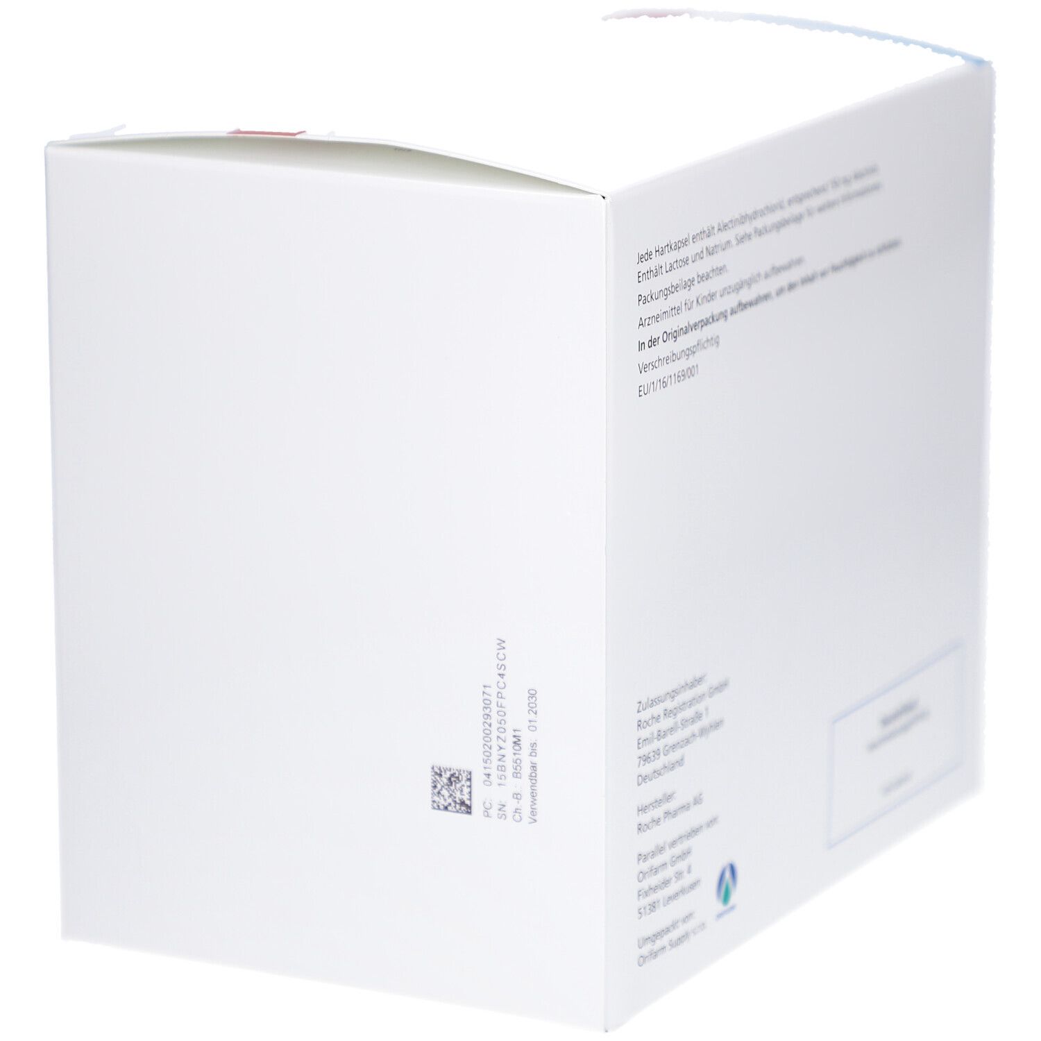 Weiße Faltschachtel. Rückseite mit Text, Barcode und Logo. Herstellerinformationen.