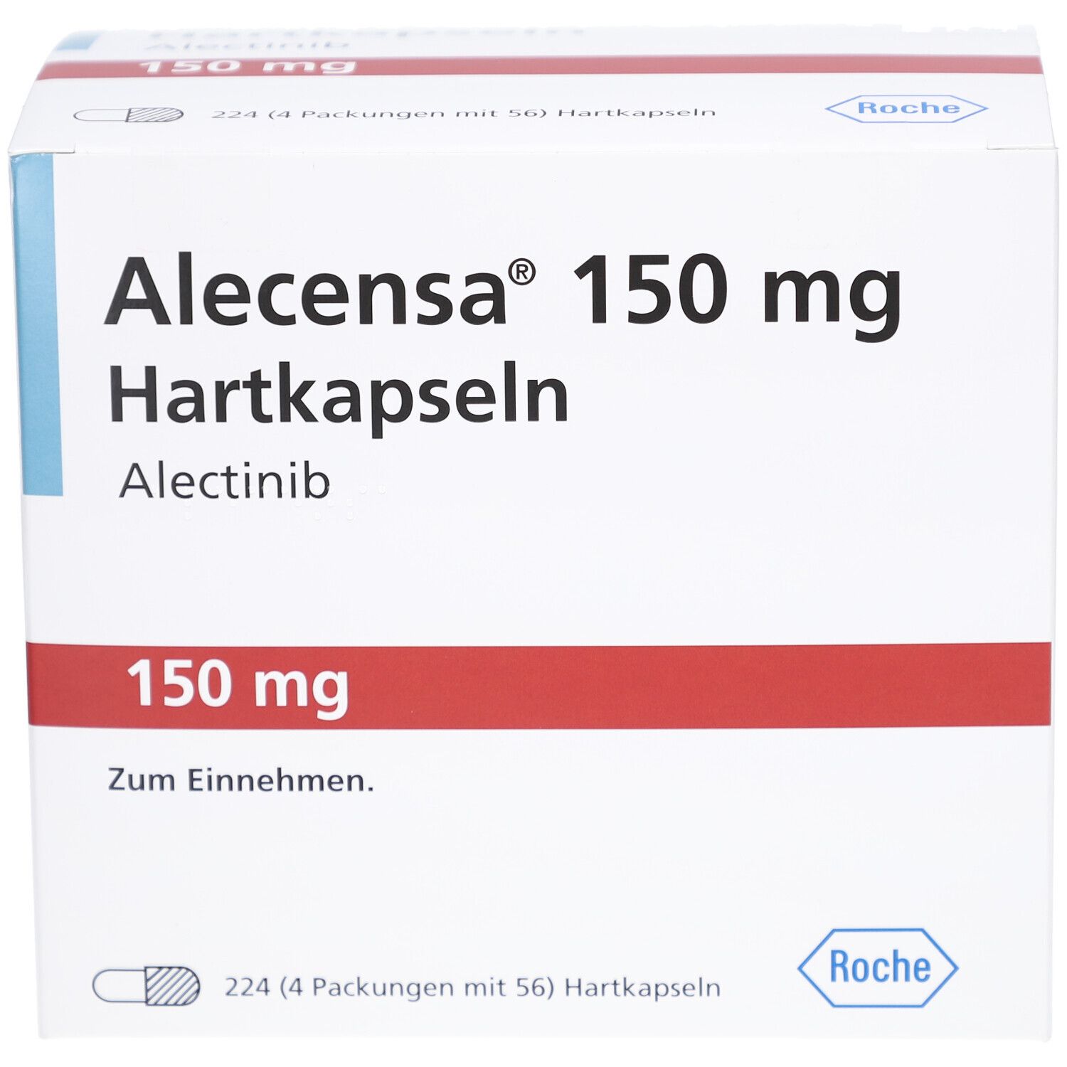 Weiße Faltschachtel mit rotem Streifen. Aufschrift: Alecensca 150 mg Hartkapseln, Alectinib. Unten: 150 mg, Zum Einnehmen. Roche-Logo.