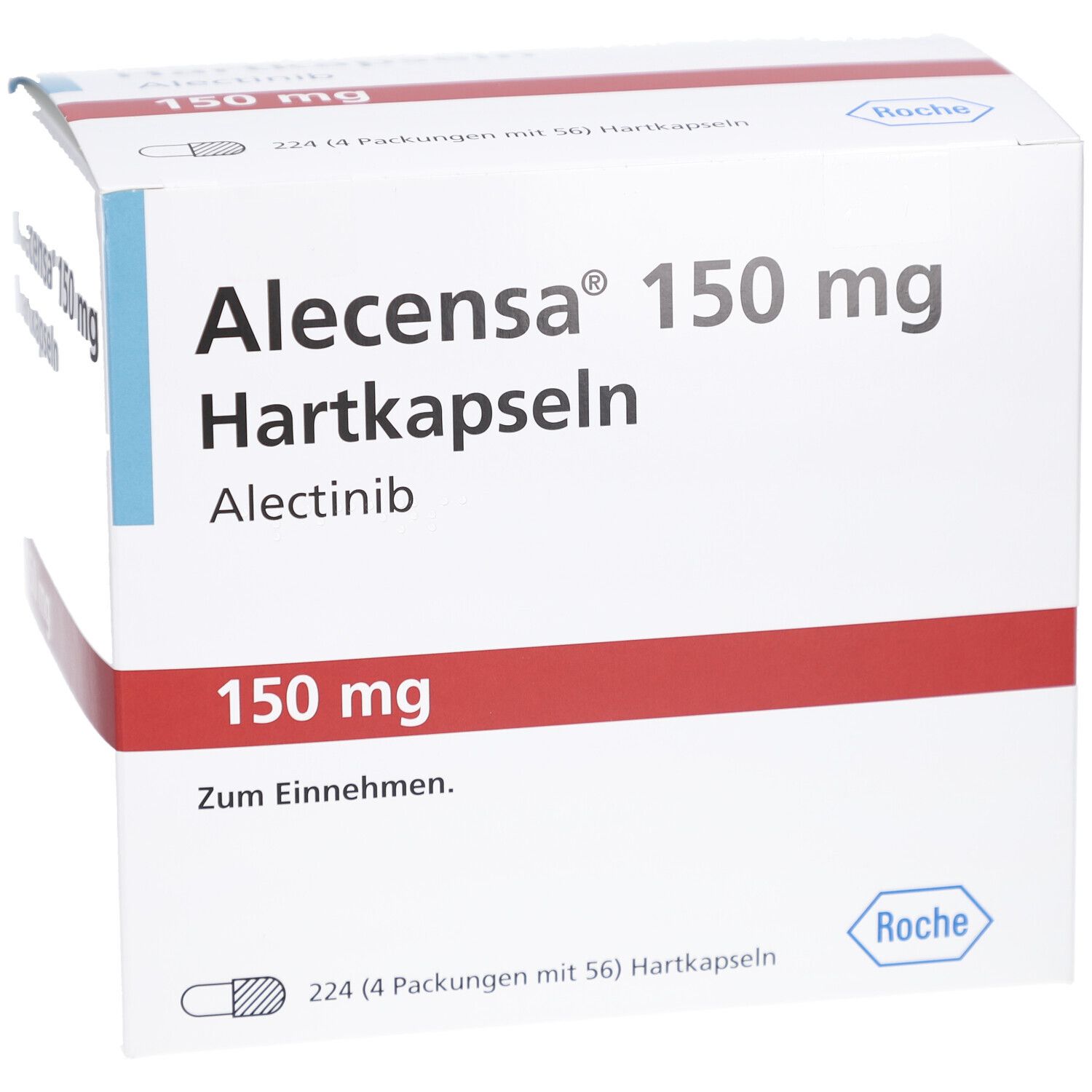 Weiße Faltschachtel mit rotem Streifen. Aufschrift: Alecensca 150 mg Hartkapseln, Alectinib. Unten: 150 mg, Zum Einnehmen. Roche-Logo.