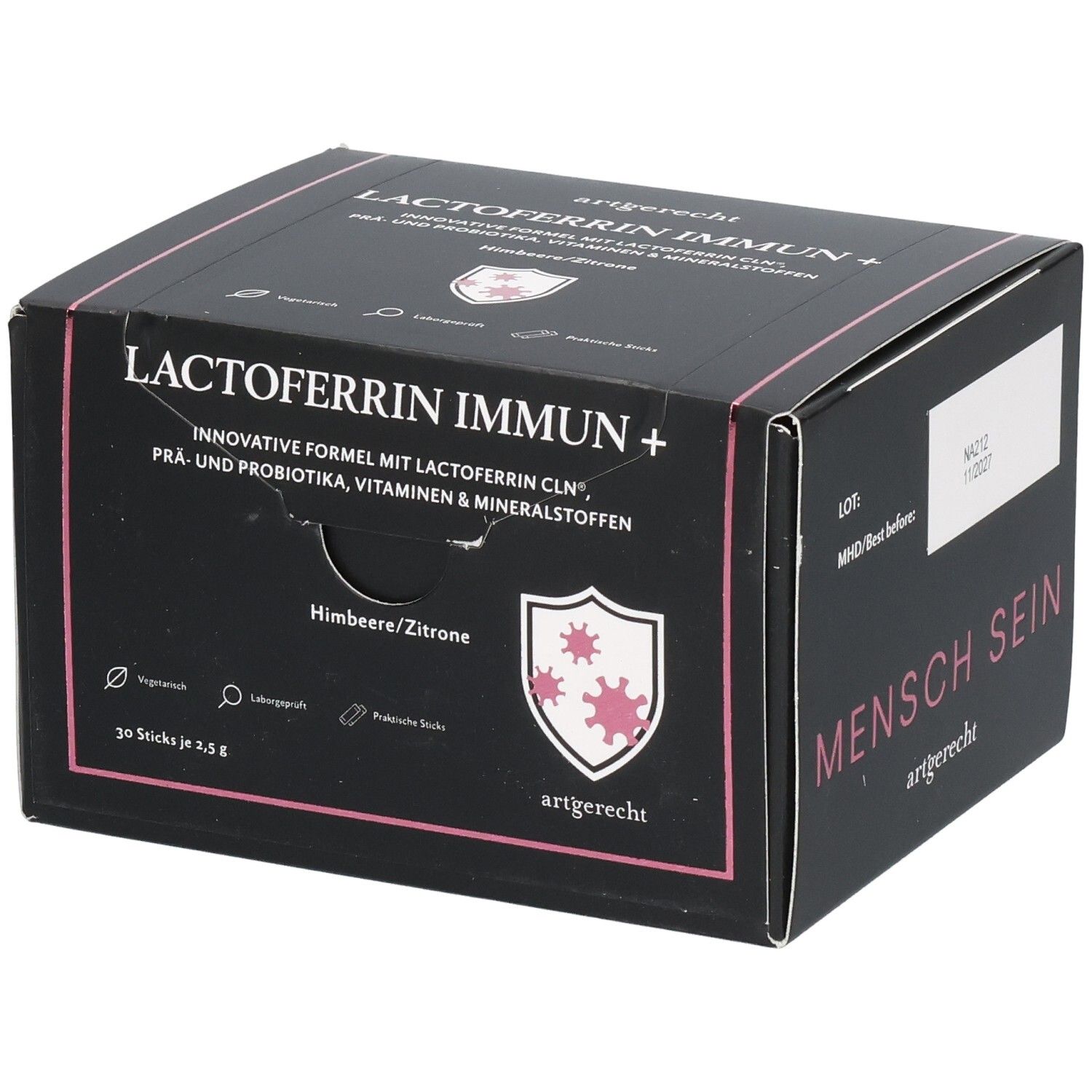 Schwarze Schachtel mit LACTOFERRIN IMMUN+. Text: Innovative Formel, Himbeere/Zitrone. Logo: artgerecht. 30 Sticks.