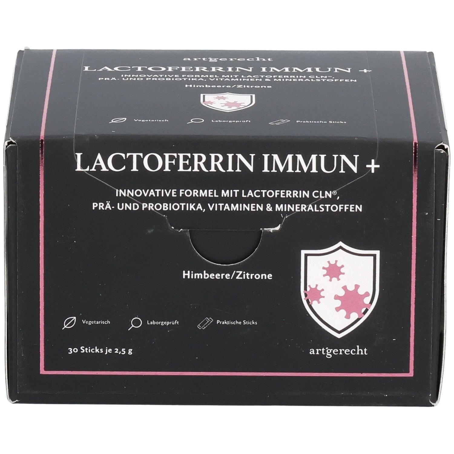 Schwarze Schachtel mit LACTOFERRIN IMMUN+. Text: Innovative Formel, Himbeere/Zitrone. 30 Sticks je 2,5 g. Logo: artgerecht.