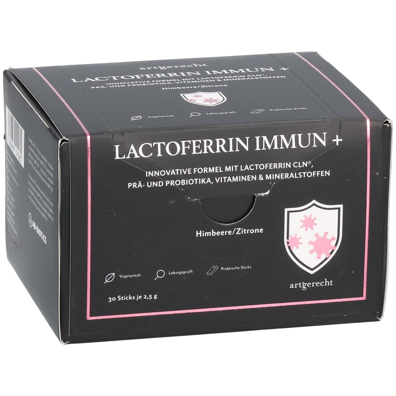 Schwarze Schachtel mit LACTOFERRIN IMMUN+. Text: Innovative Formel, Himbeere/Zitrone. Logo: artgerecht. 30 Sticks.