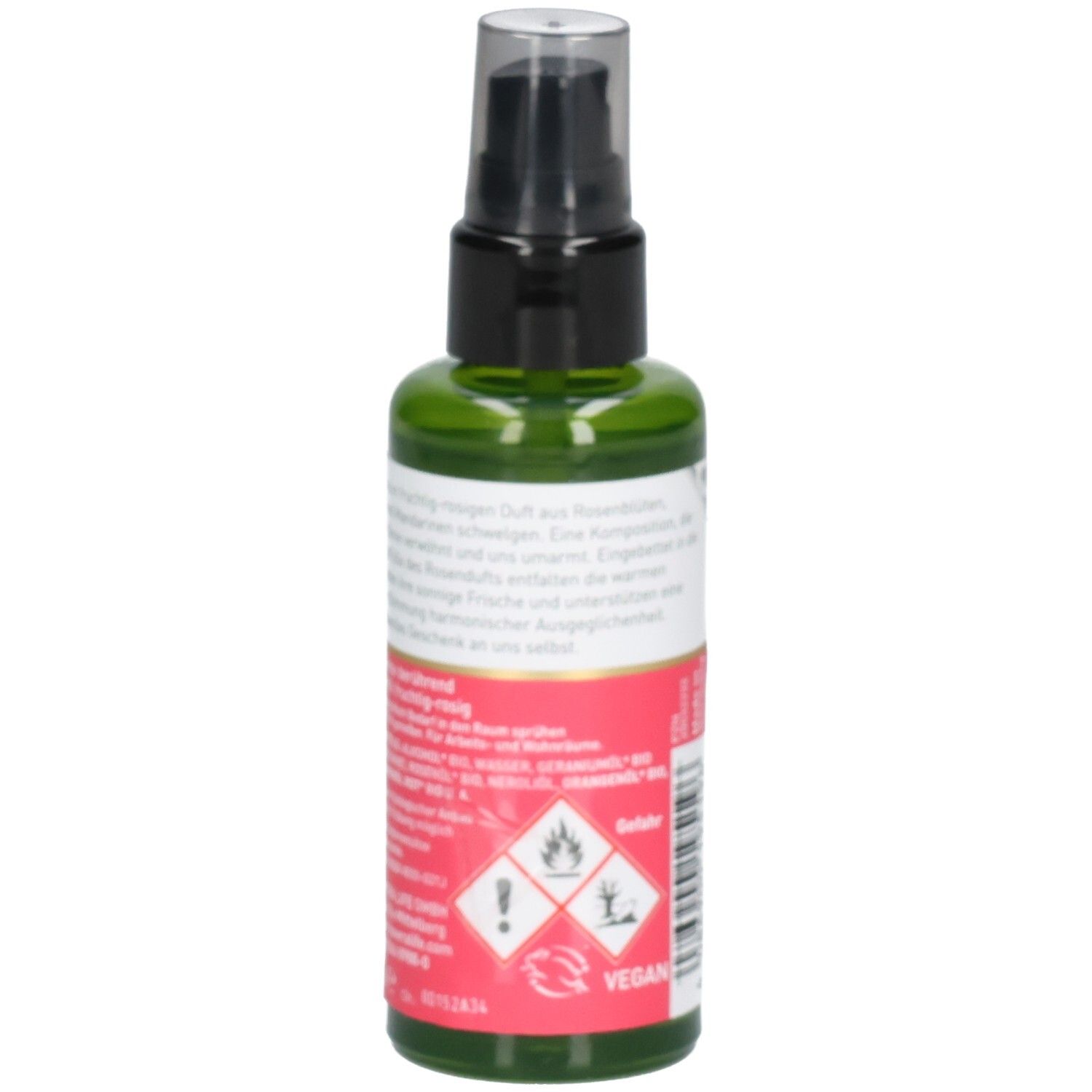 Seitenansicht des PRIMAVERA Alles Liebe Raumspray bio* mit Warnsymbolen und BIO-Siegel.