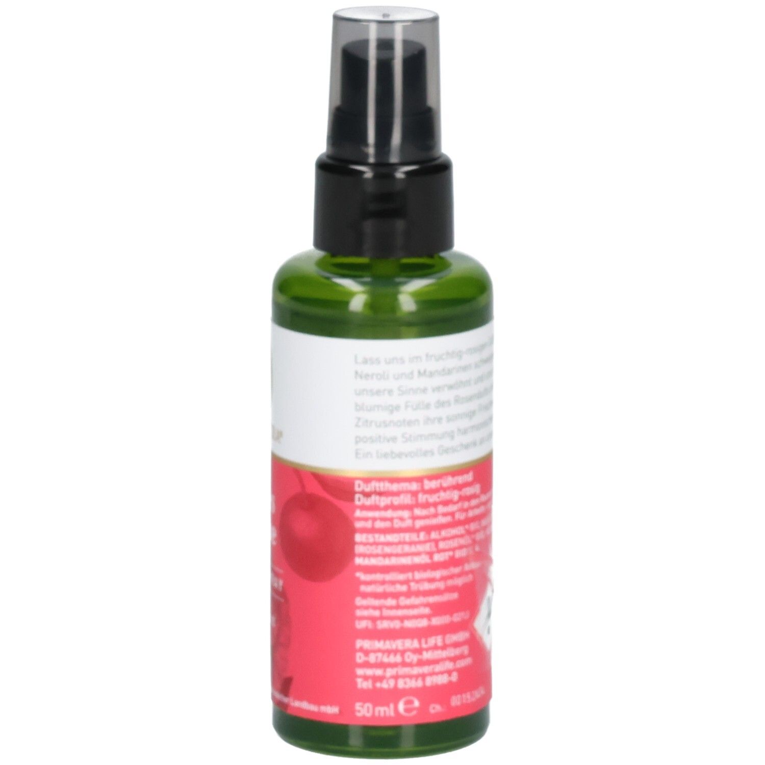 Nahaufnahme des Etiketts des PRIMAVERA Alles Liebe Raumspray bio* mit Inhaltsstoffen und Volumenangabe.