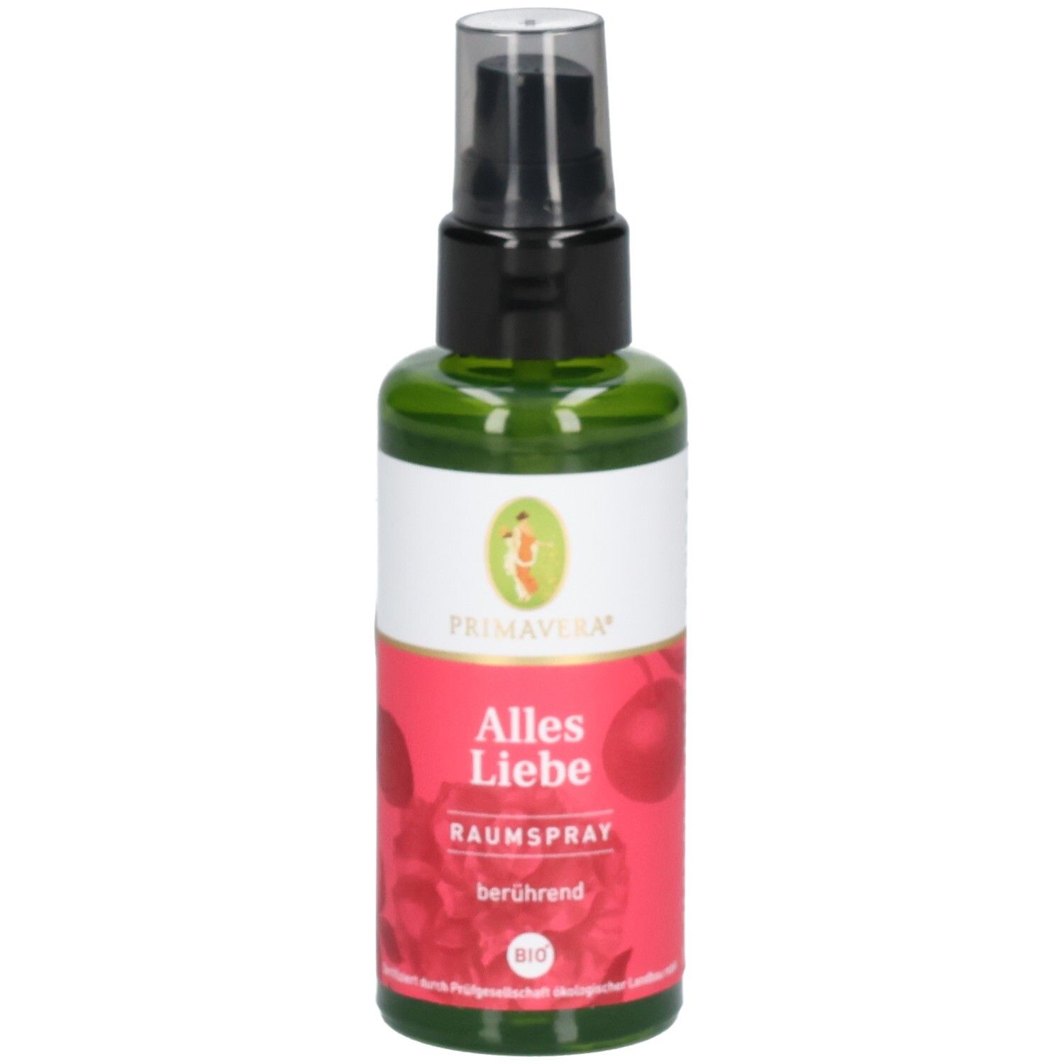 PRIMAVERA Alles Liebe Raumspray bio* in grüner Flasche, Etikett mit Rosenmotiv und BIO-Siegel.