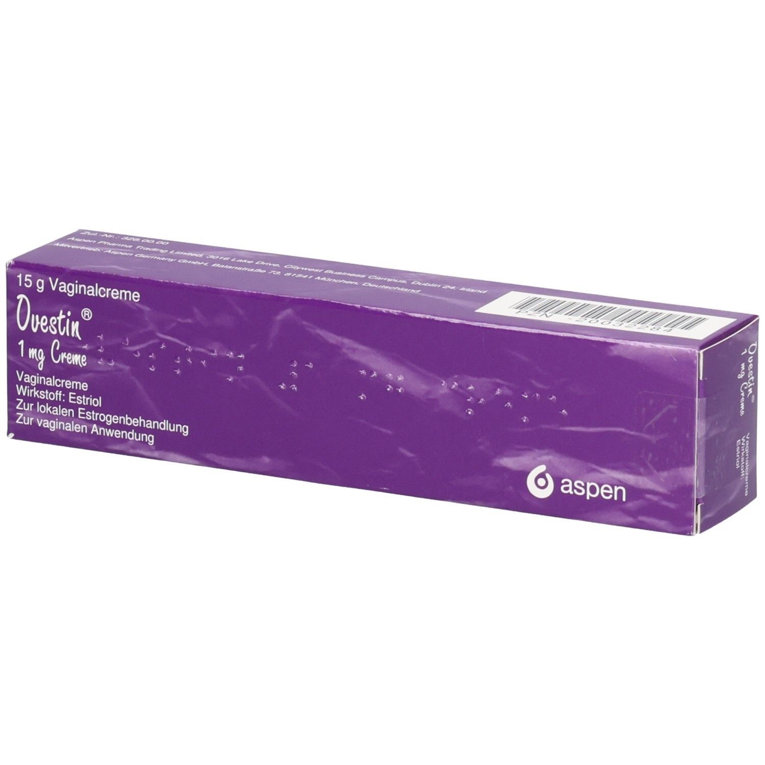 Violette Faltschachtel mit Ovestin 1 mg Creme. Text: 15 g Vaginalcreme, Wirkstoff Estriol, Aspen Logo.