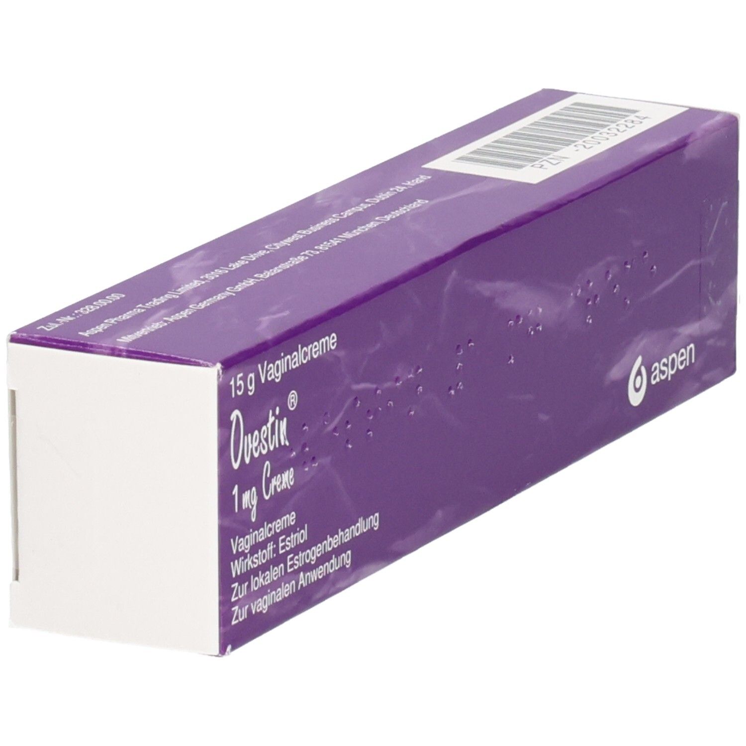Violette Faltschachtel mit Ovestin 1 mg Creme. Text: 15 g Vaginalcreme, Wirkstoff Estriol, Aspen Logo.