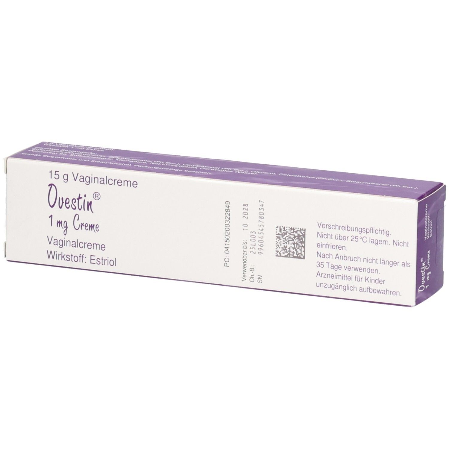 Violette Faltschachtel mit Ovestin 1 mg Creme. Text: 15 g Vaginalcreme, Wirkstoff Estriol, Aspen Logo.