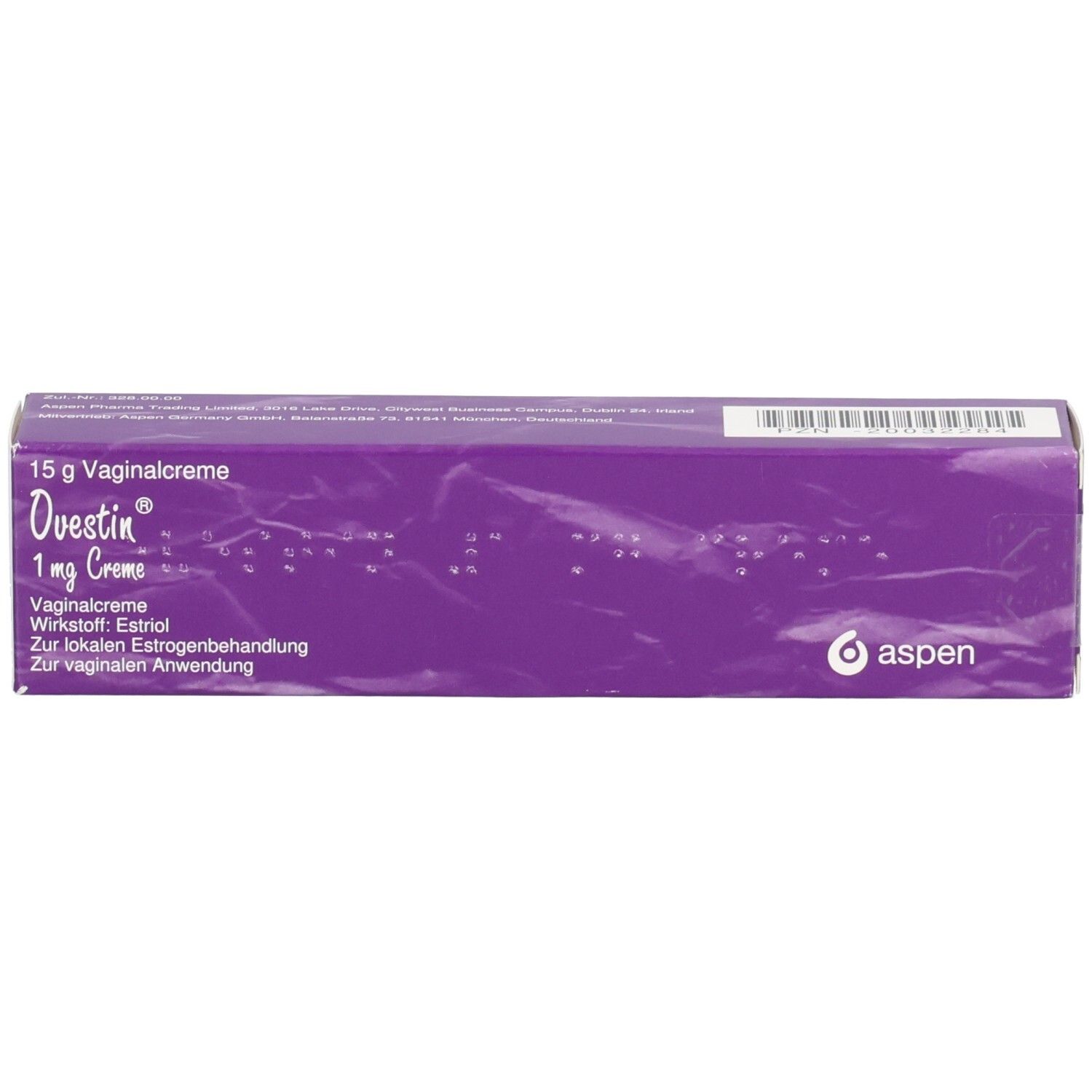 Violette Faltschachtel mit Ovestin 1 mg Creme. Text: 15 g Vaginalcreme, Wirkstoff Estriol, Aspen Logo.
