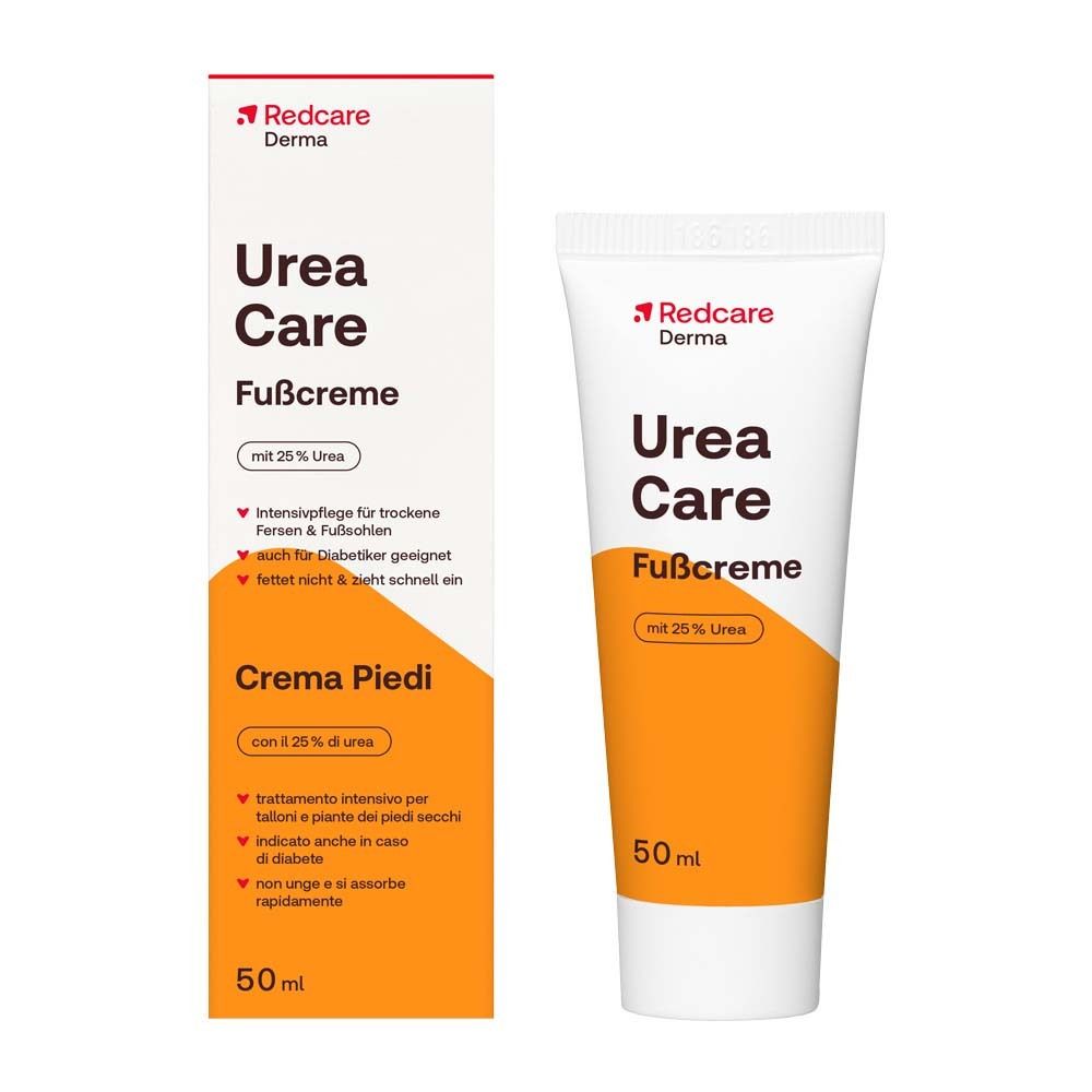 Fußcreme-Tube und -Verpackung. Weiß-orange Tube mit Produktnamen und Logo. Verpackung mit Produktinformationen.