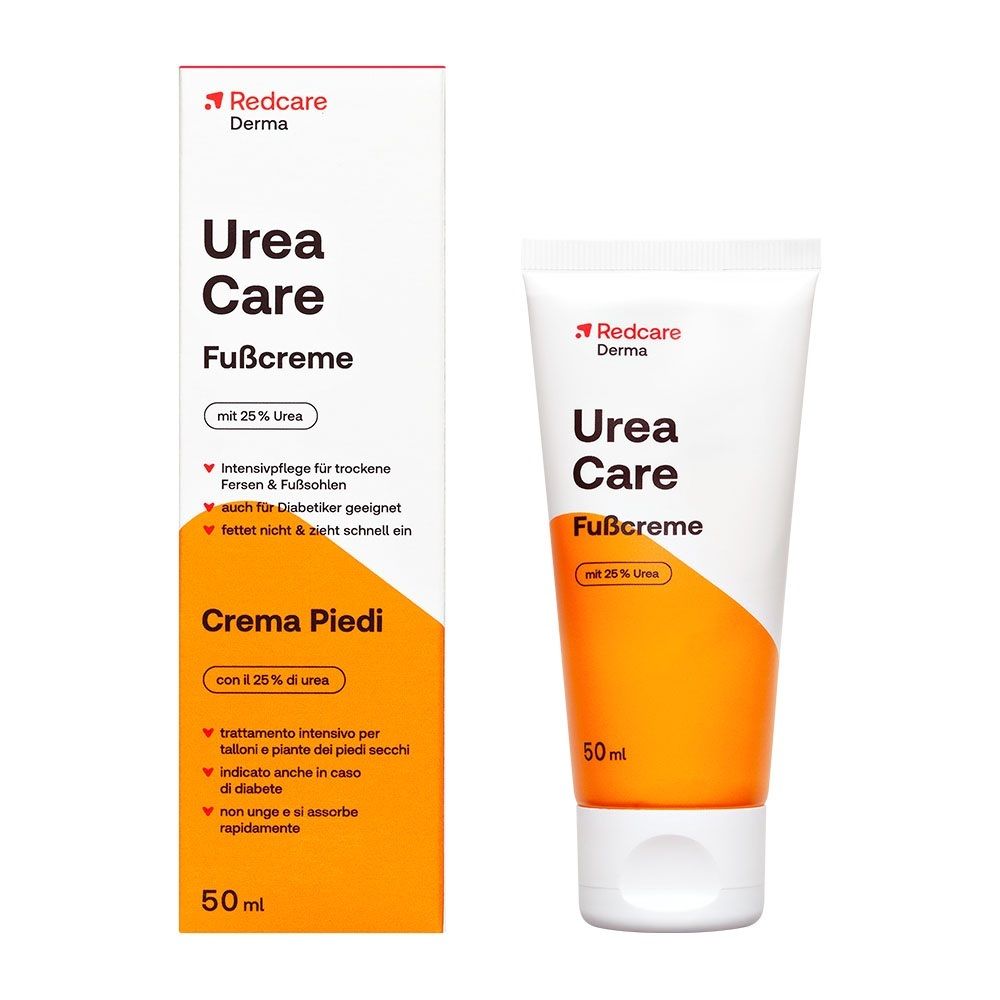 Redcare Derma Urea Care Fußcreme Tube und Verpackung, 50ml.