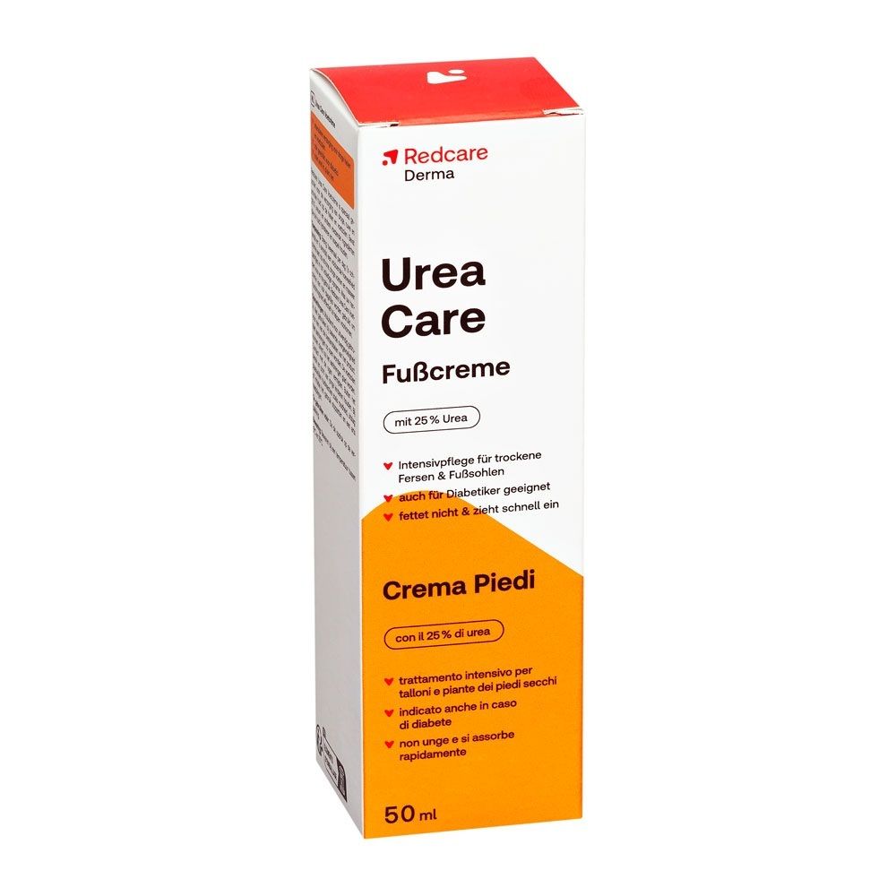 Redcare Derma Urea Care Fußcreme Verpackung, Vorderseite mit deutschen und italienischen Texten.