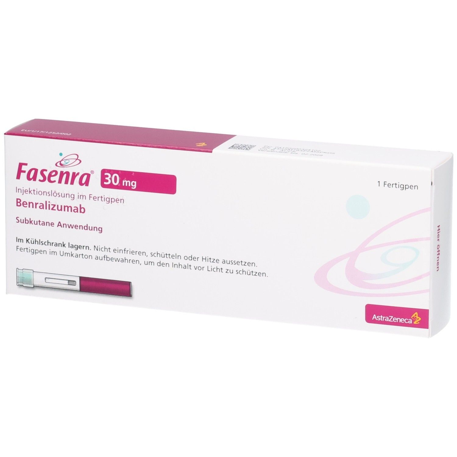 Fasenra 30 mg Fertigpen-Verpackung mit Abbildung eines Pens. Enthält Benralizumab zur subkutanen Anwendung.