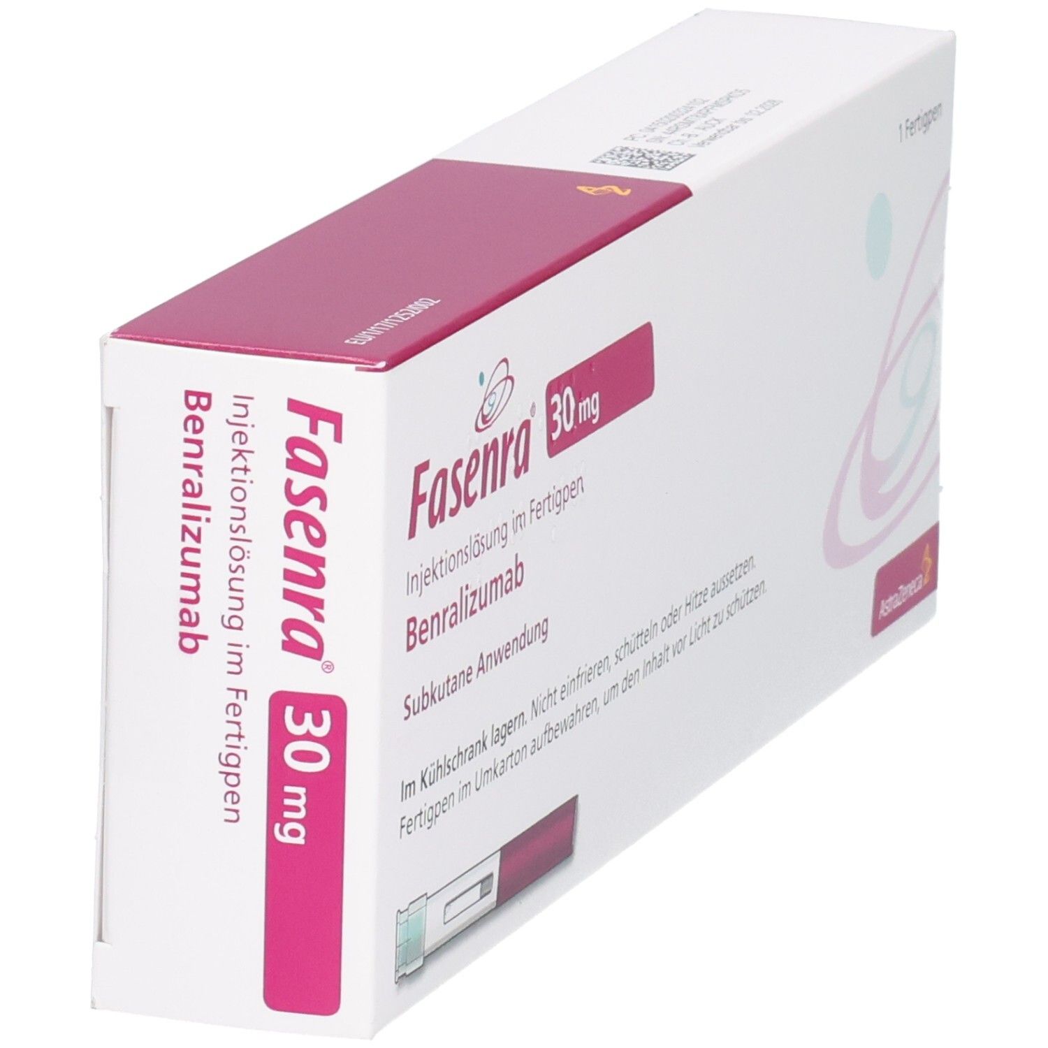 Fasenra 30 mg Fertigpen-Verpackung, schräg von vorne gezeigt. Enthält Benralizumab zur subkutanen Anwendung.