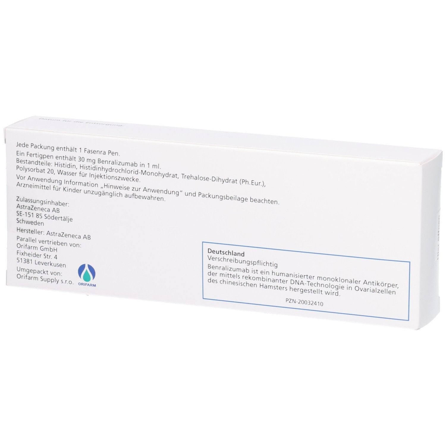Rückseite der Fasenra 30 mg Fertigpen-Verpackung mit detaillierten Produktinformationen und Zulassungshinweisen.