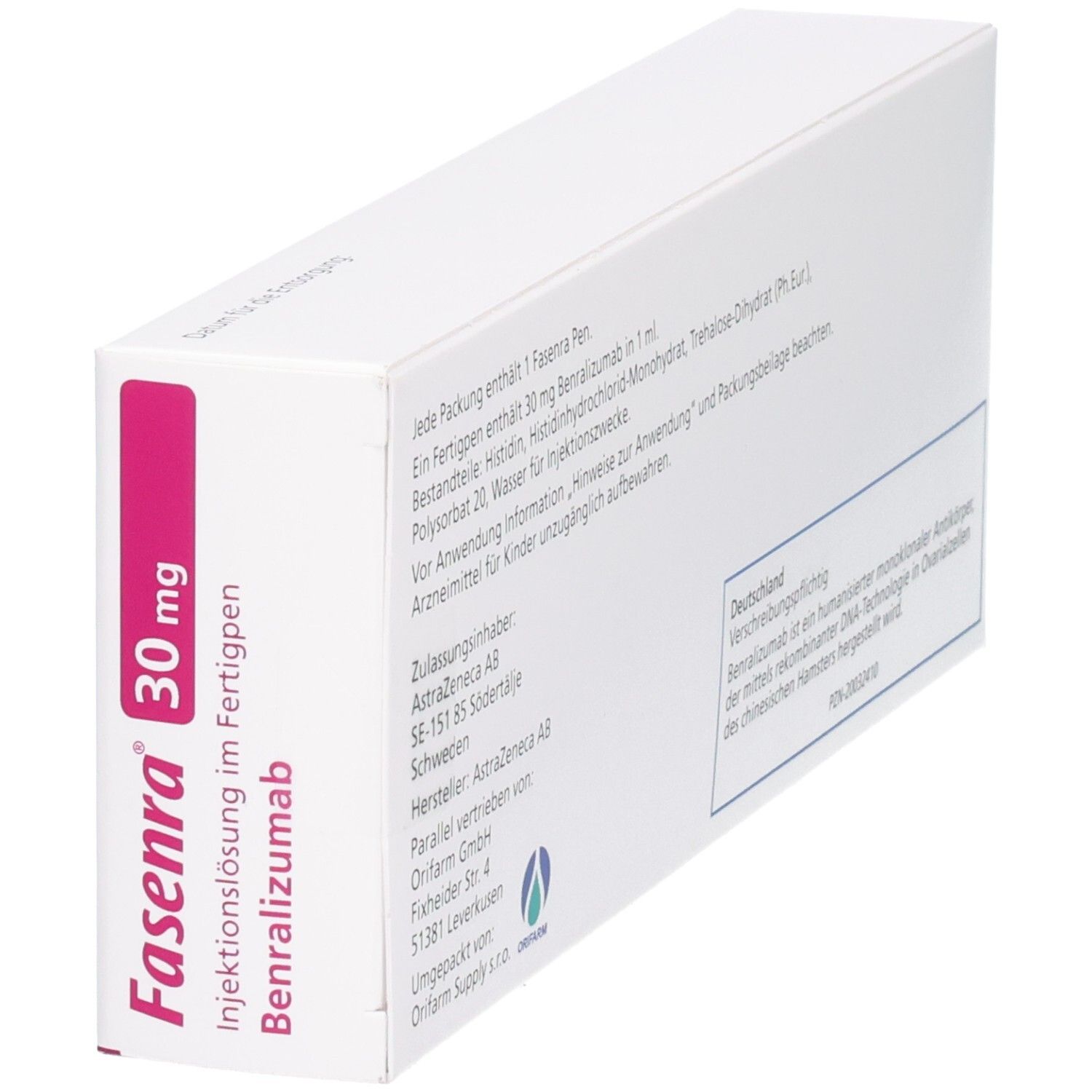 Fasenra 30 mg Fertigpen-Verpackung, schräg von hinten gezeigt. Enthält Benralizumab zur subkutanen Anwendung.
