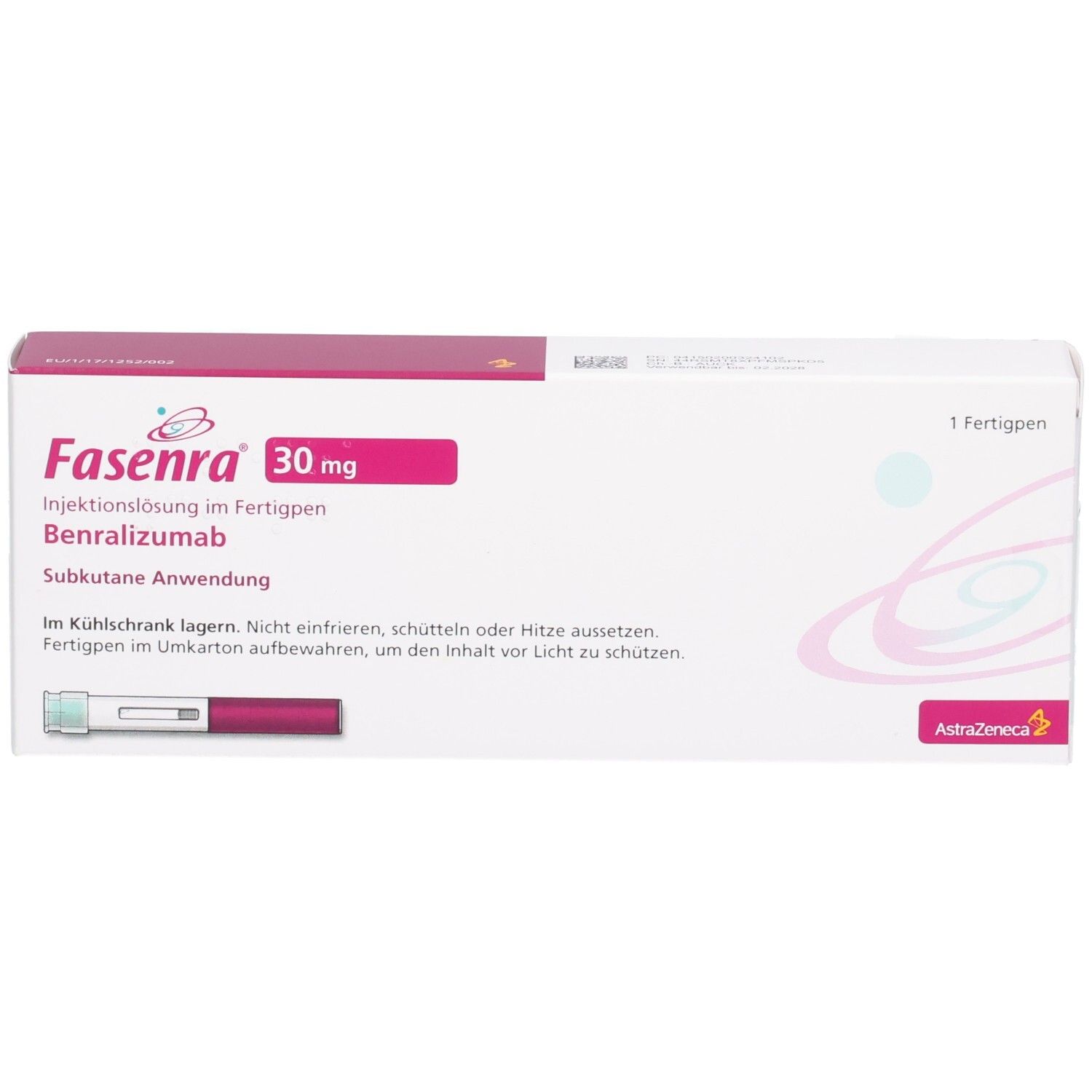 Fasenra 30 mg Fertigpen-Verpackung mit Abbildung eines Pens. Enthält Benralizumab zur subkutanen Anwendung.