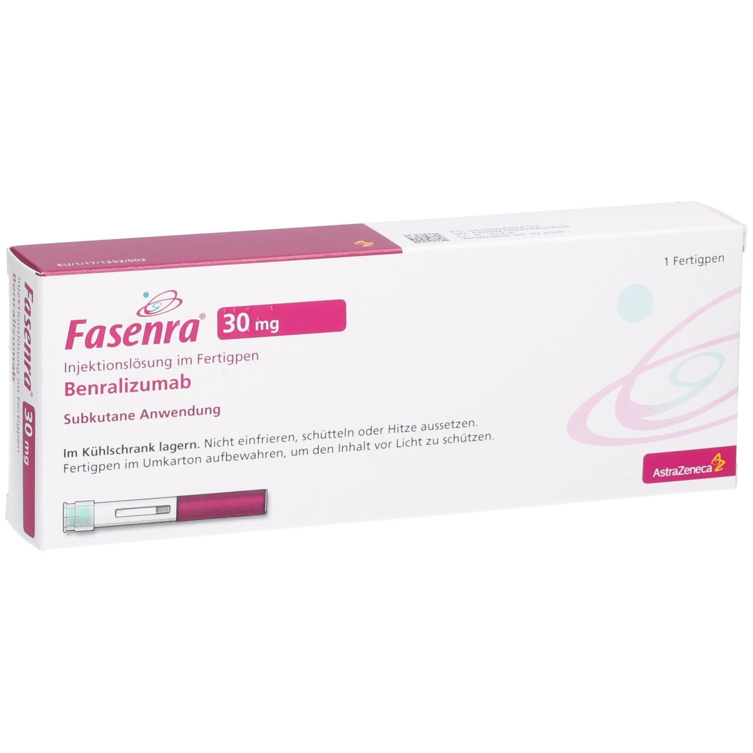 Fasenra 30 mg Fertigpen-Verpackung, von vorne links gezeigt. Enthält Benralizumab zur subkutanen Anwendung.