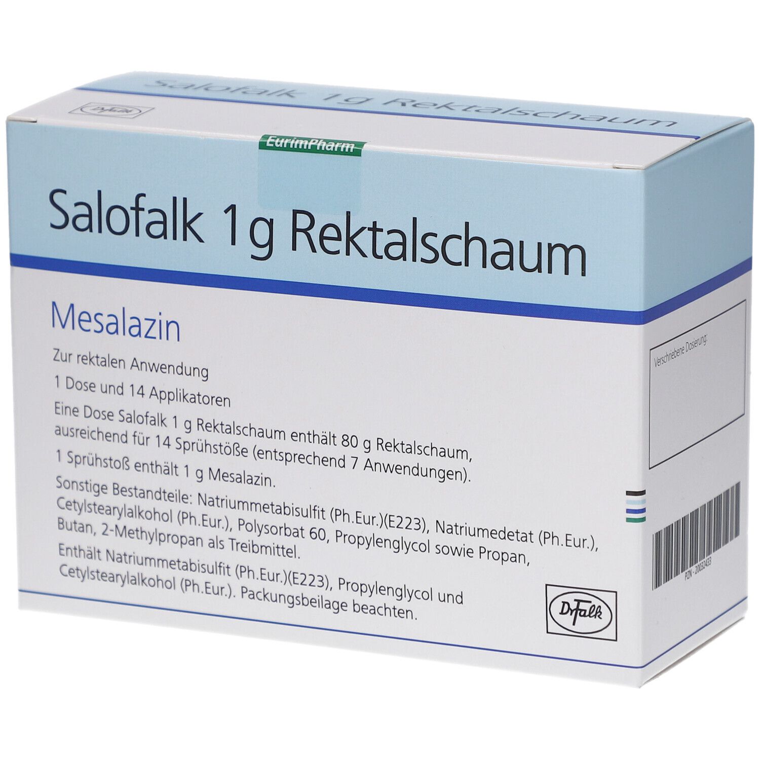 Weiß-blaue Schachtel mit Aufschrift Salofalk 1 g Rektalschaum. Enthält Mesalazin. 1 Dose und 14 Applikatoren.