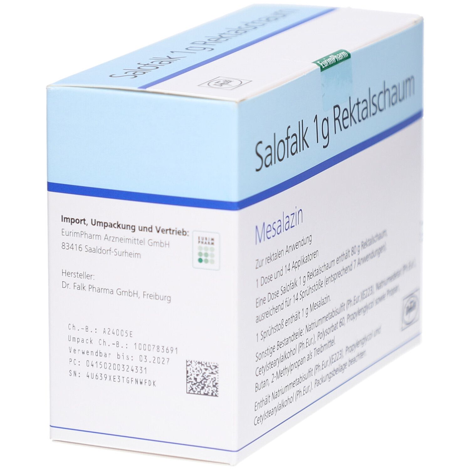 Schachtel Salofalk 1 g Rektalschaum, schräg von oben. Blaue und weiße Farbgebung. Text: Mesalazin, Import, Umpackung und Vertrieb.
