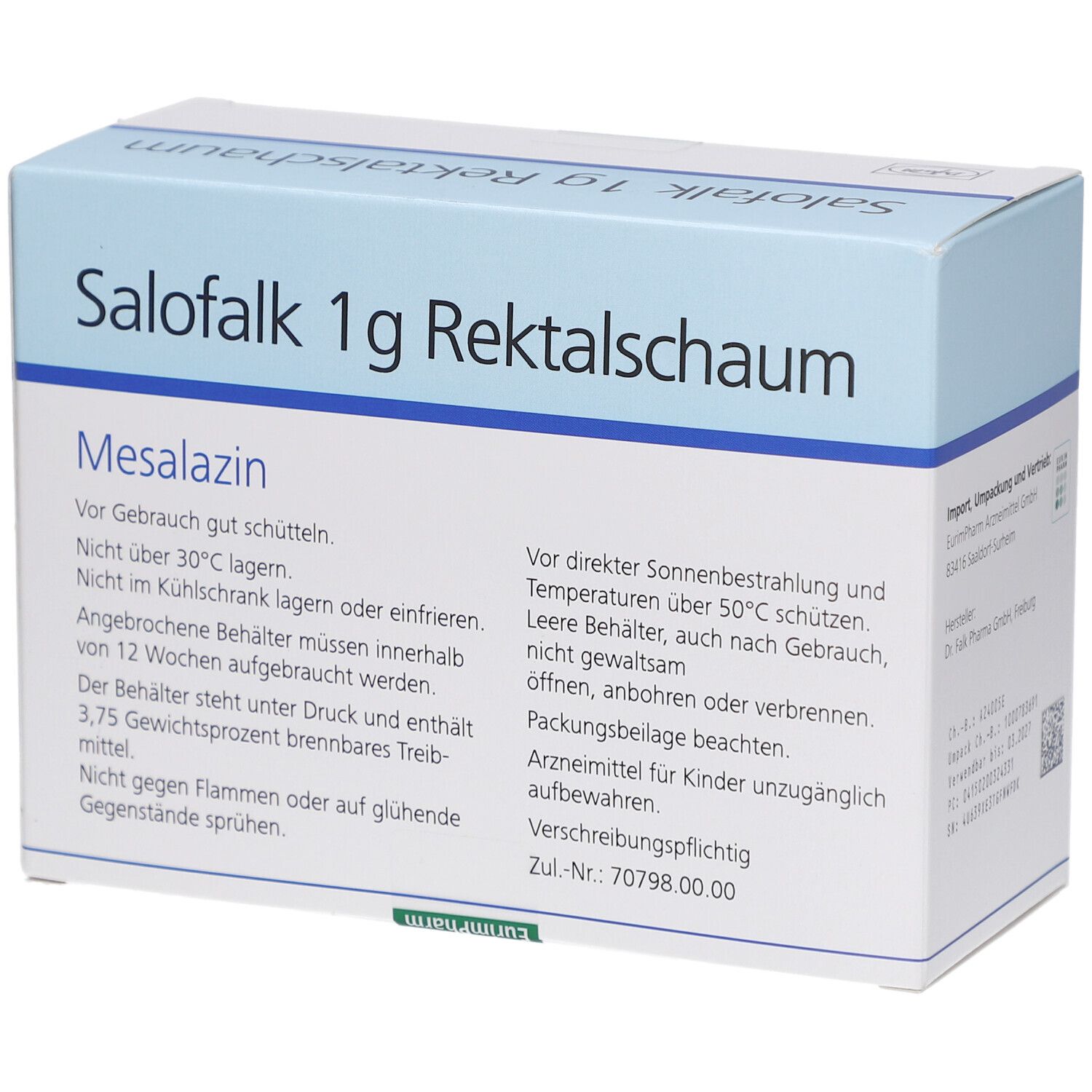 Schachtel Salofalk 1 g Rektalschaum. Text: Mesalazin, Hinweise zur Anwendung, nicht über 30°C lagern, für Kinder unzugänglich aufbewahren.