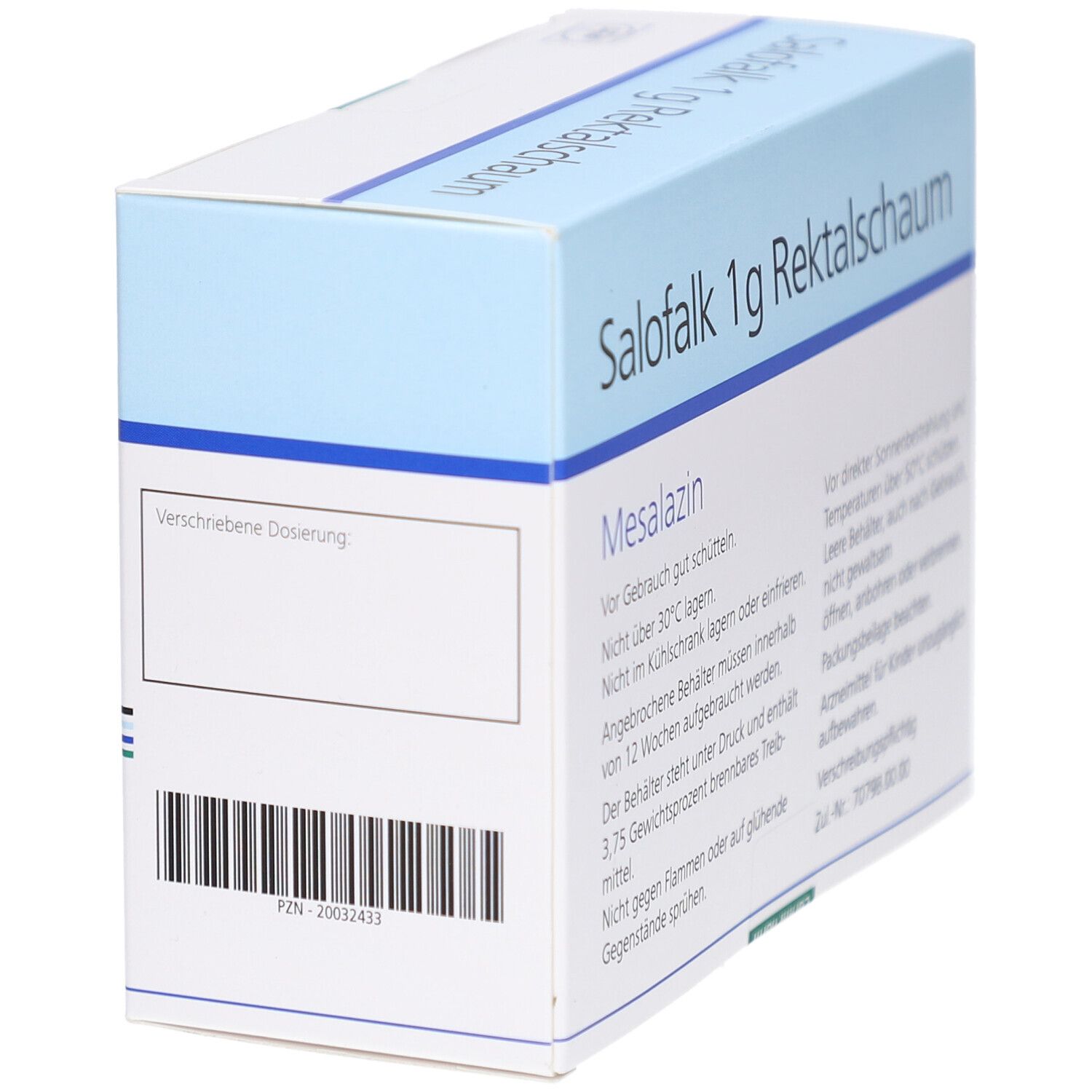 Rückseite der Schachtel Salofalk 1 g Rektalschaum. Barcode und Text: Verschriebene Dosierung, PZN-20032433.