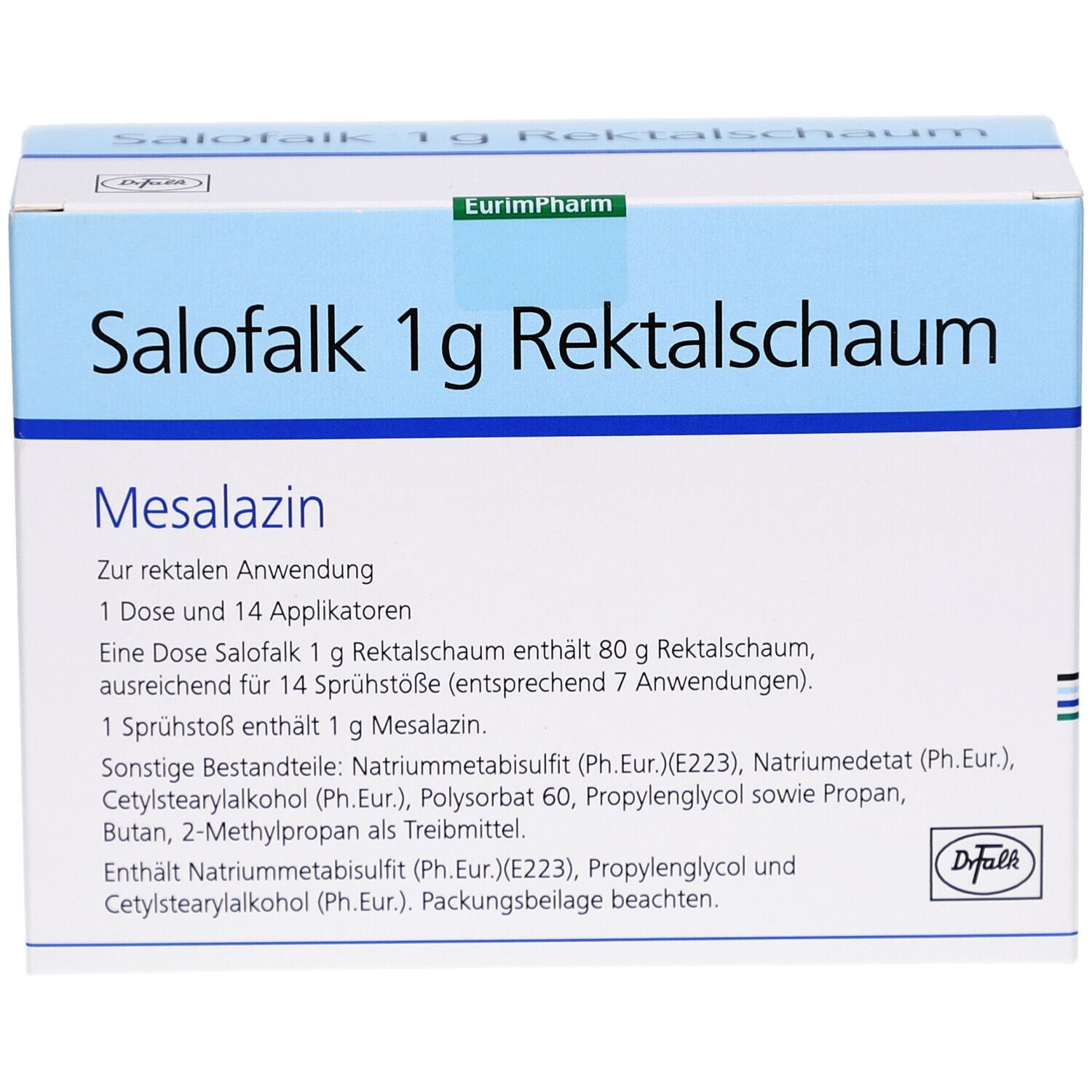 Schachtel Salofalk 1 g Rektalschaum. Text: Mesalazin, 1 Dose und 14 Applikatoren. Inhaltsstoffe. Logo Dr. Falk.